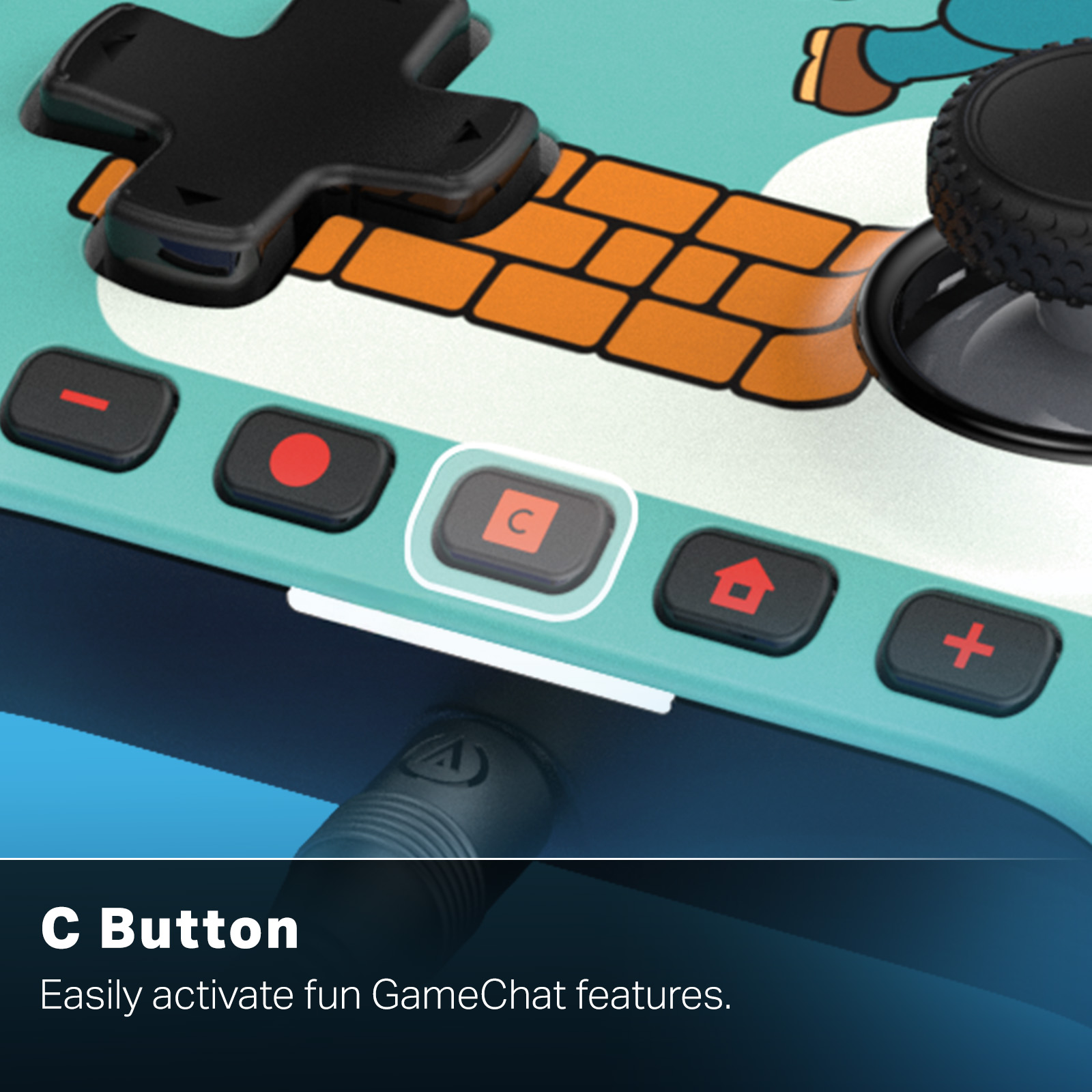 Nahaufnahme eines Gamecontrollers mit Knöpfen, einem Joystick und einem kreuzförmigen Steuerkreuz. Es hat eine türkisblaue Grundfarbe.