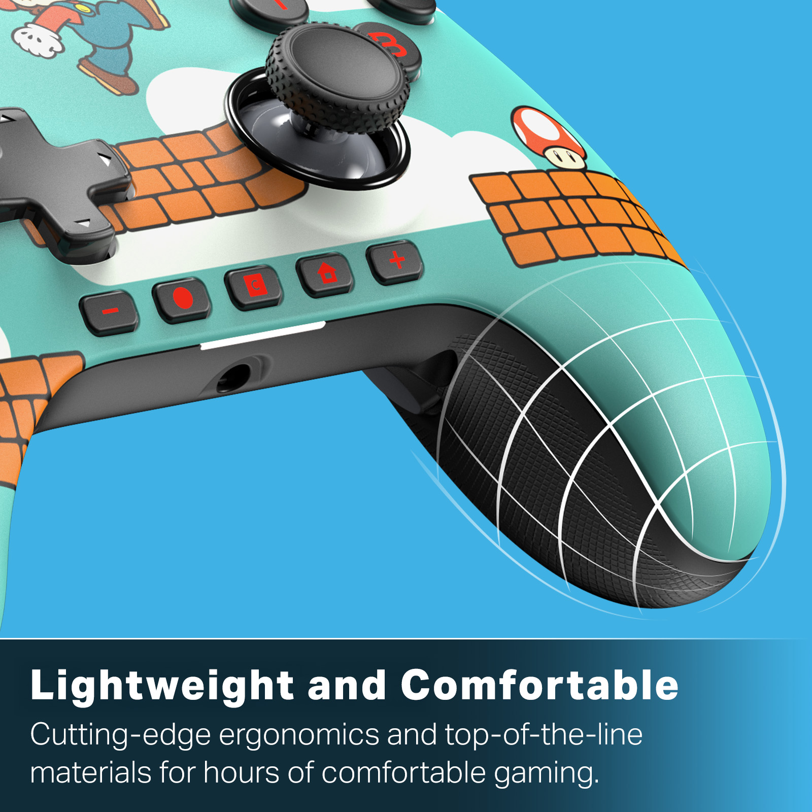 Ein Gamecontroller mit Mario-Thema, mit Knöpfen und einem Joystick. Das Design umfasst Mario-Grafiken.