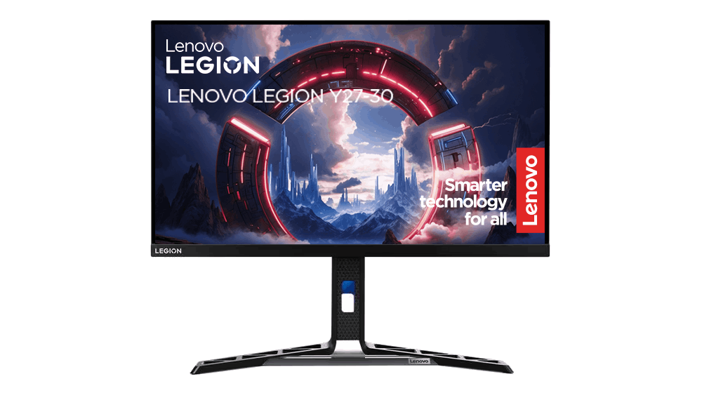 Monitor Lenovo Legion. Muestra un paisaje futurista. El monitor es negro y tiene el logotipo de Lenovo y la marca Legion.