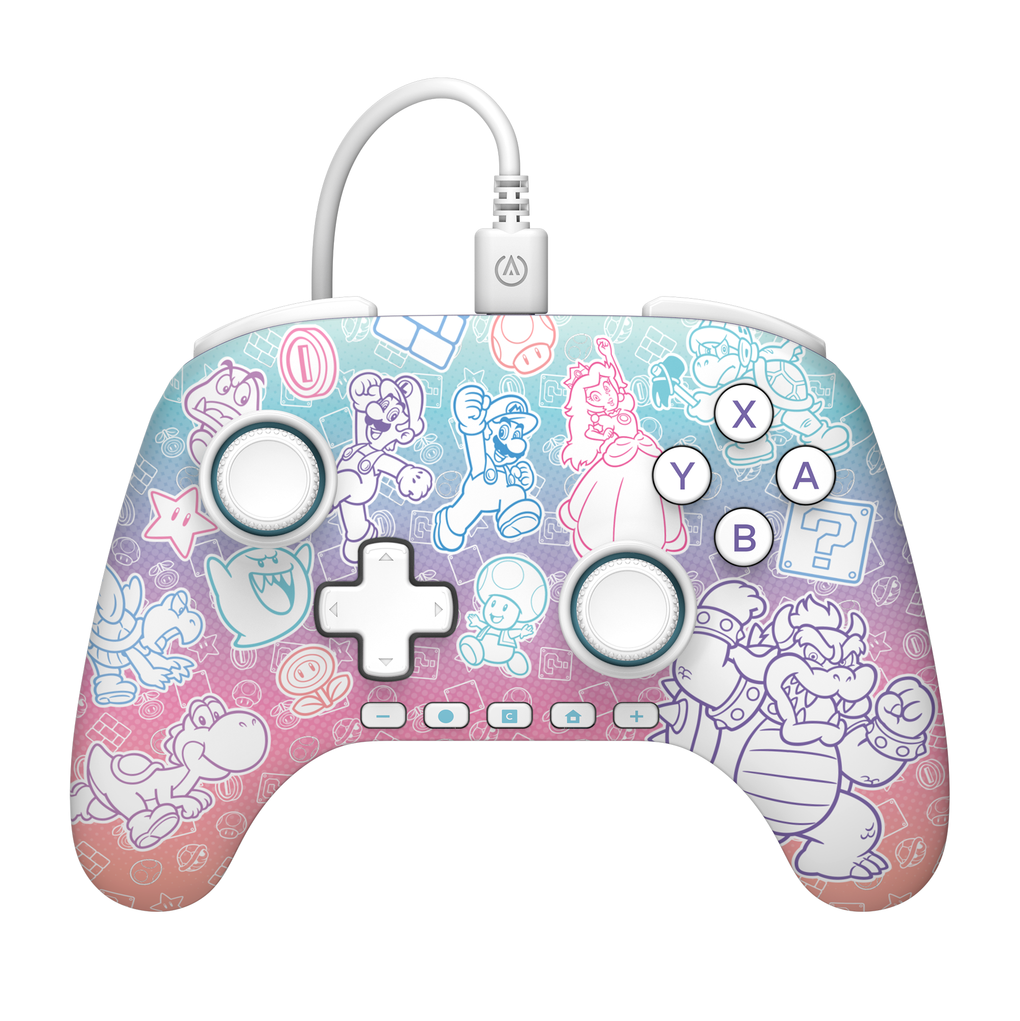 Ein farbenfroher Gamecontroller mit Mario-Charakteren. Er hat Knöpfe, ein Steuerkreuz und ein weißes Kabel.