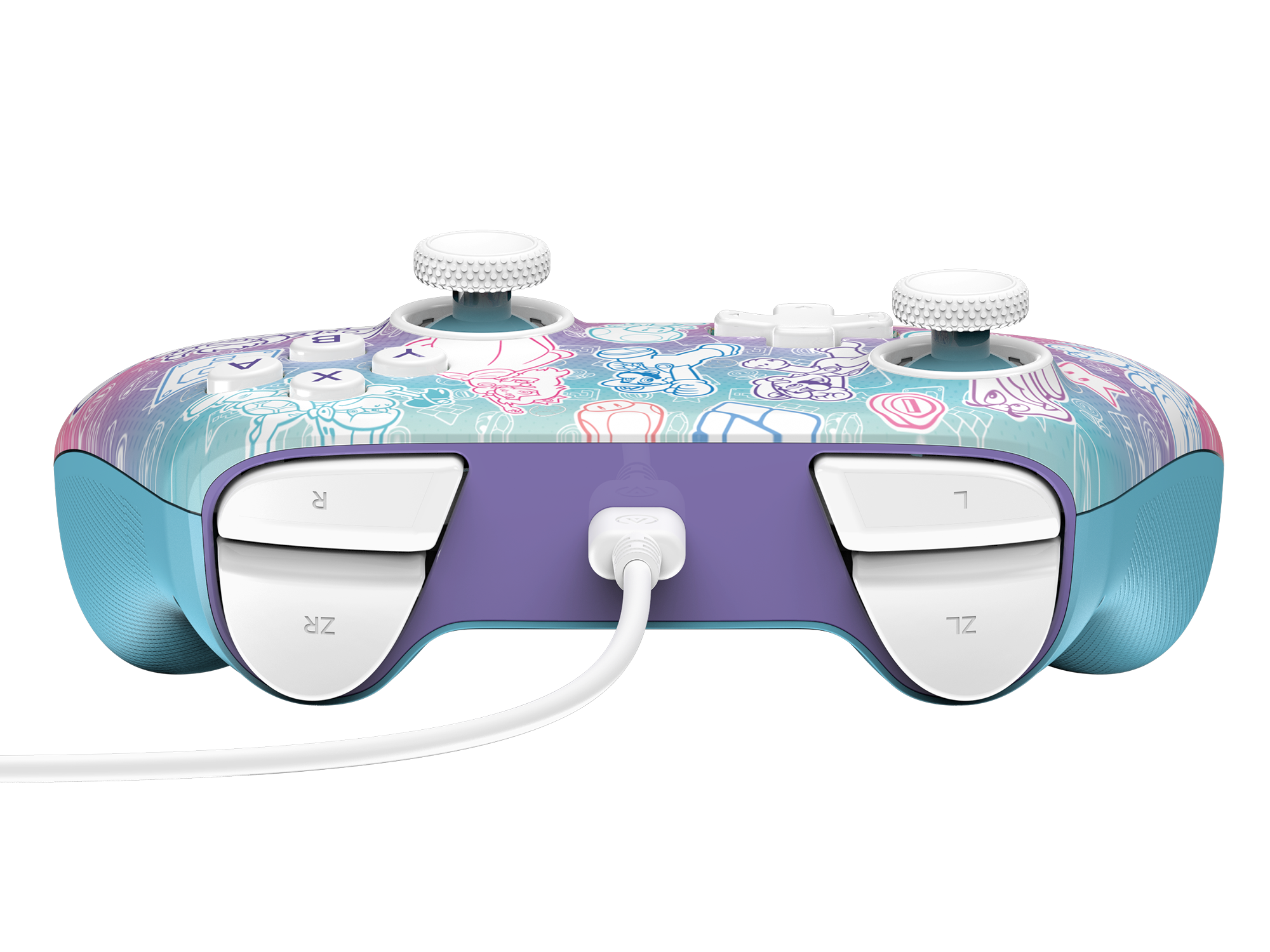 Ein Videospiel-Controller mit farbenfrohem Design, weißen Knöpfen und einem weißen Ladekabel. Der Controller hat blaue und lila Akzente.