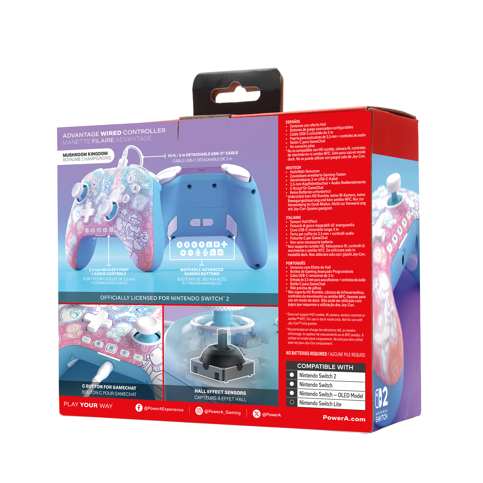 Schachtel mit blau-rosa Nintendo Switch-Controller, Mario-Figuren, abnehmbarem USB-C-Kabel und Tasten.
