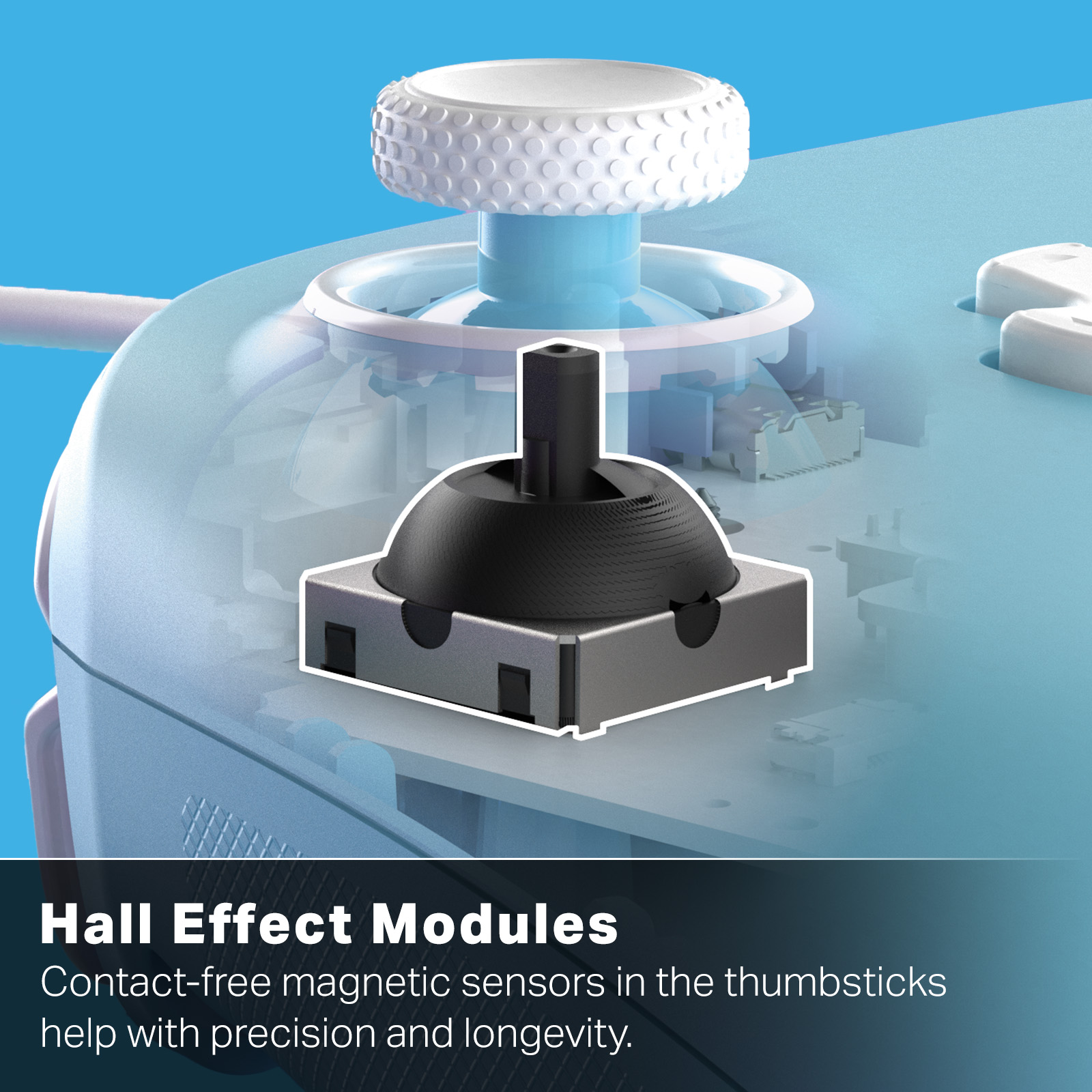 Nahaufnahme eines Hall-Effekt-Moduls eines Controllers. Der Joystick hat einen schwarzen Kopf und eine weiße Oberseite.