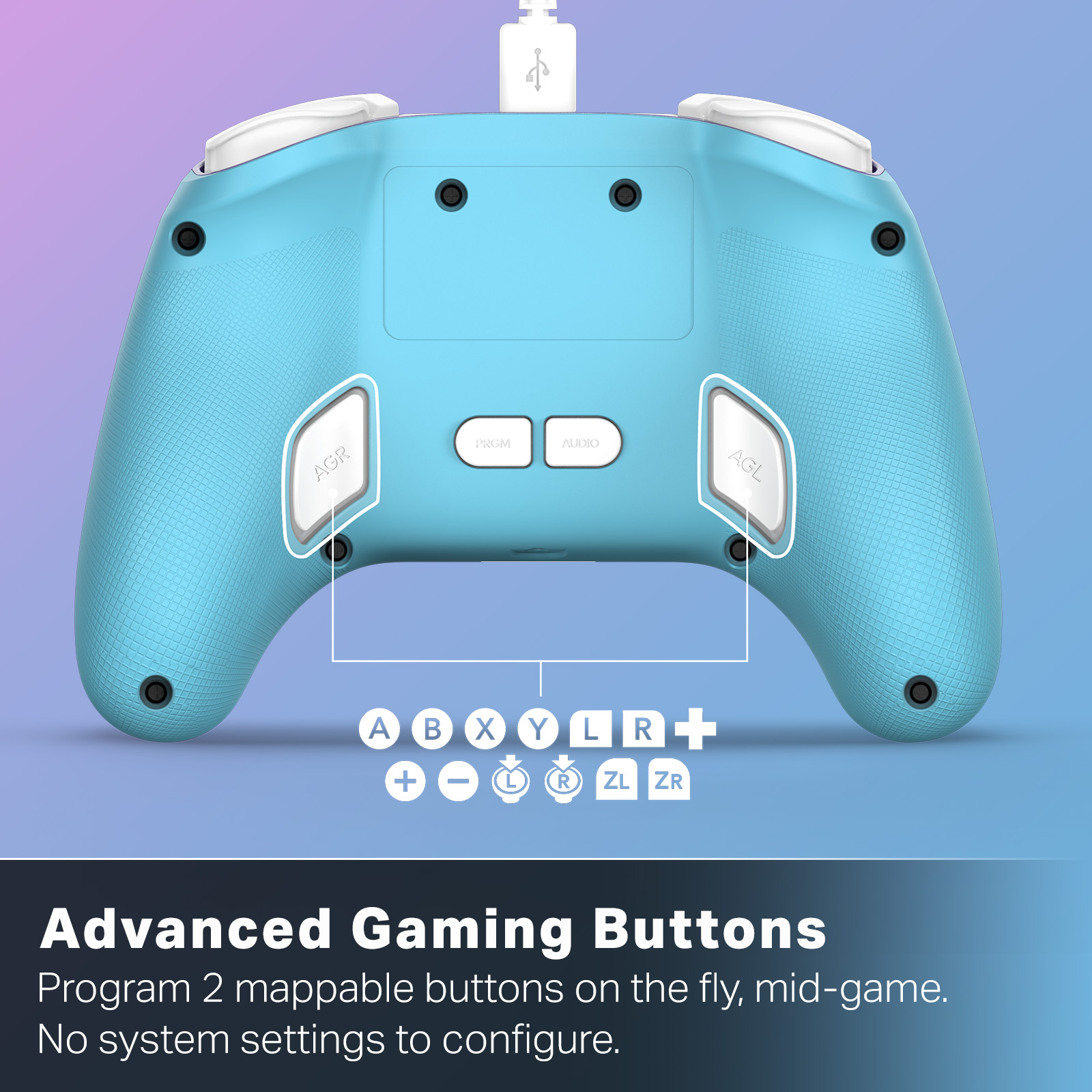 Hellblauer Gaming-Controller mit weißen Knöpfen und einem USB-Kabel. Text: Erweiterte Gaming-Tasten.
