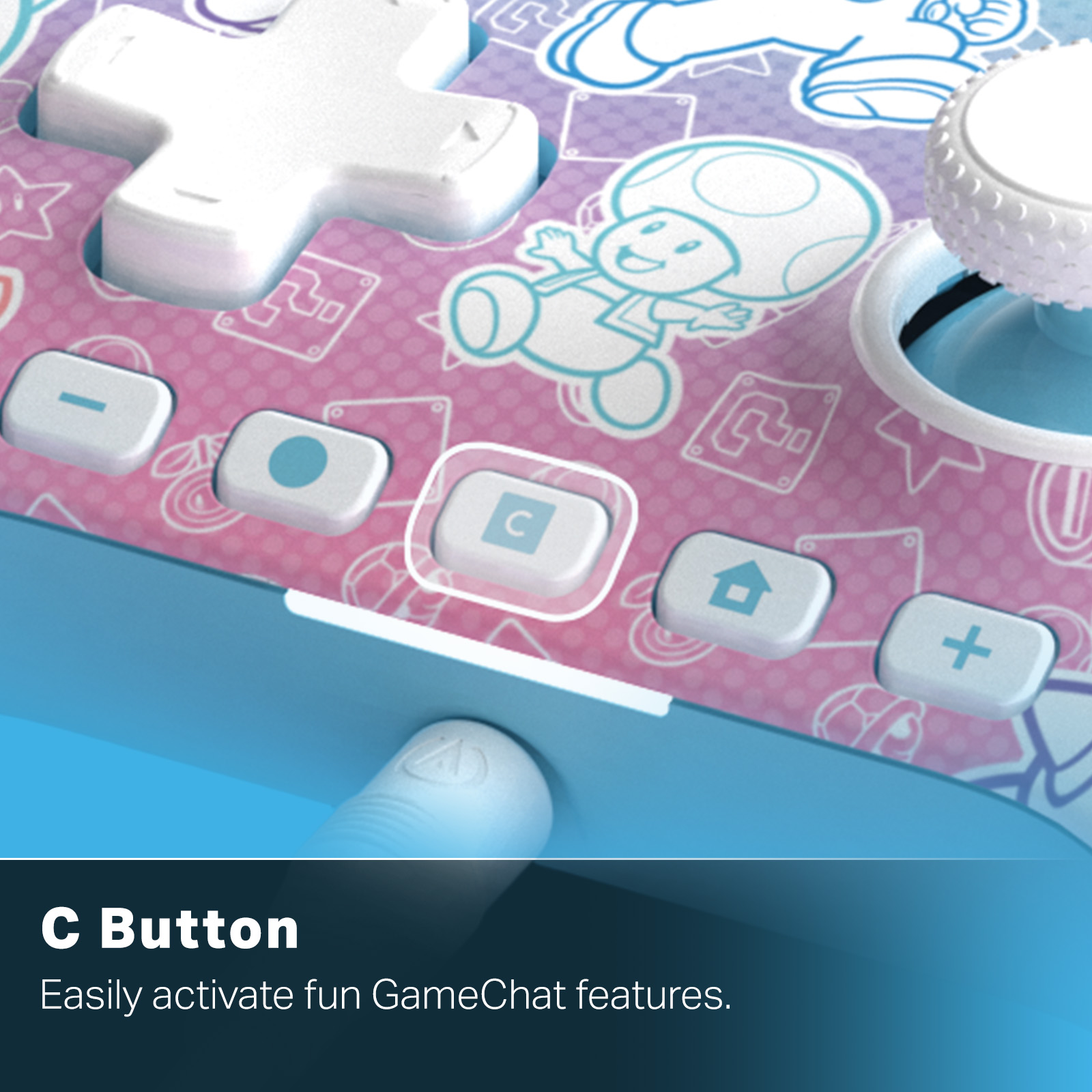 Ein blau-rosa Controller mit weißen Knöpfen und Mario-Design. Der C-Knopf ist sichtbar.