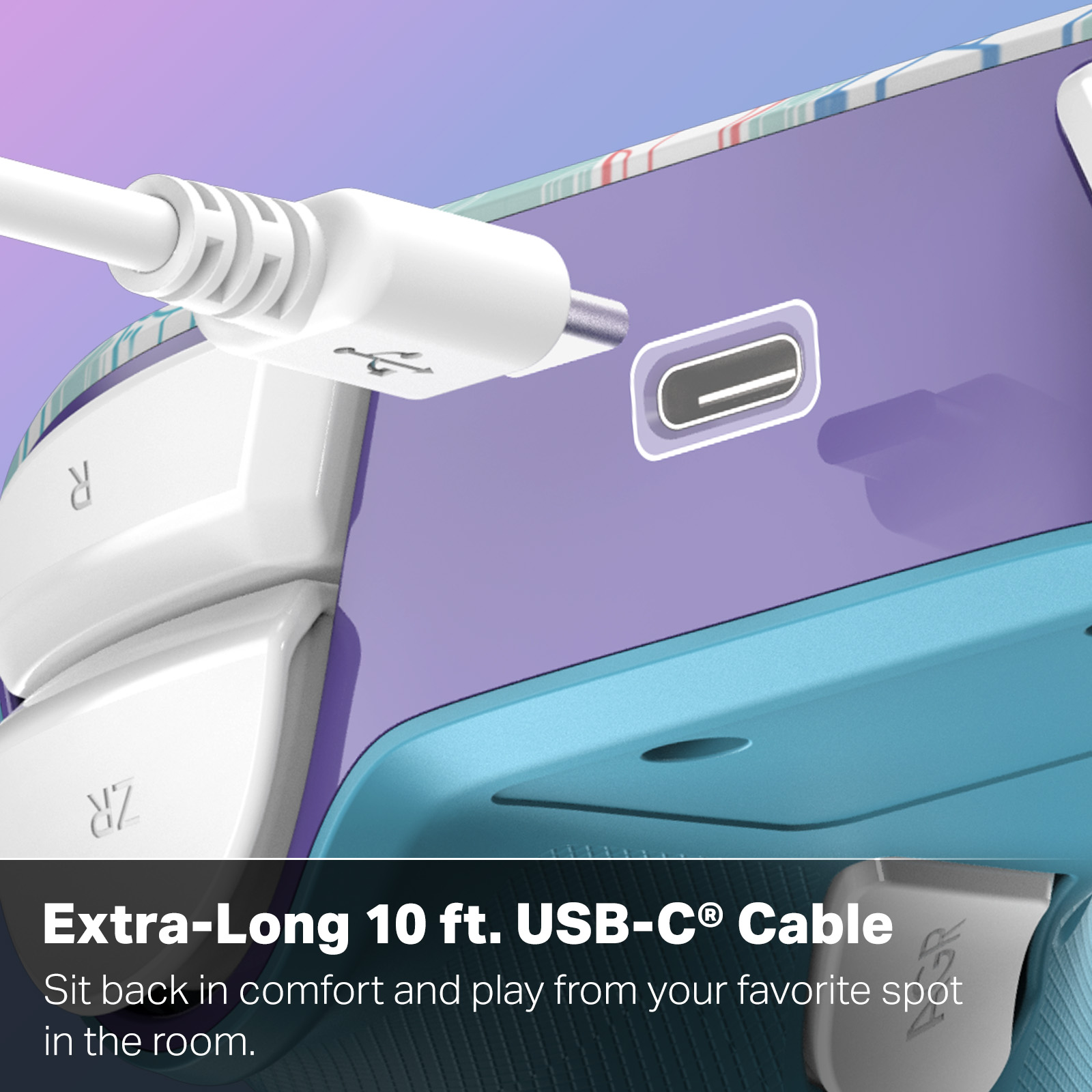 Ein weißes USB-C-Kabel ist in ein lila Gerät eingesteckt. Das Gerät hat weiße Knöpfe und einen blauen Bereich.