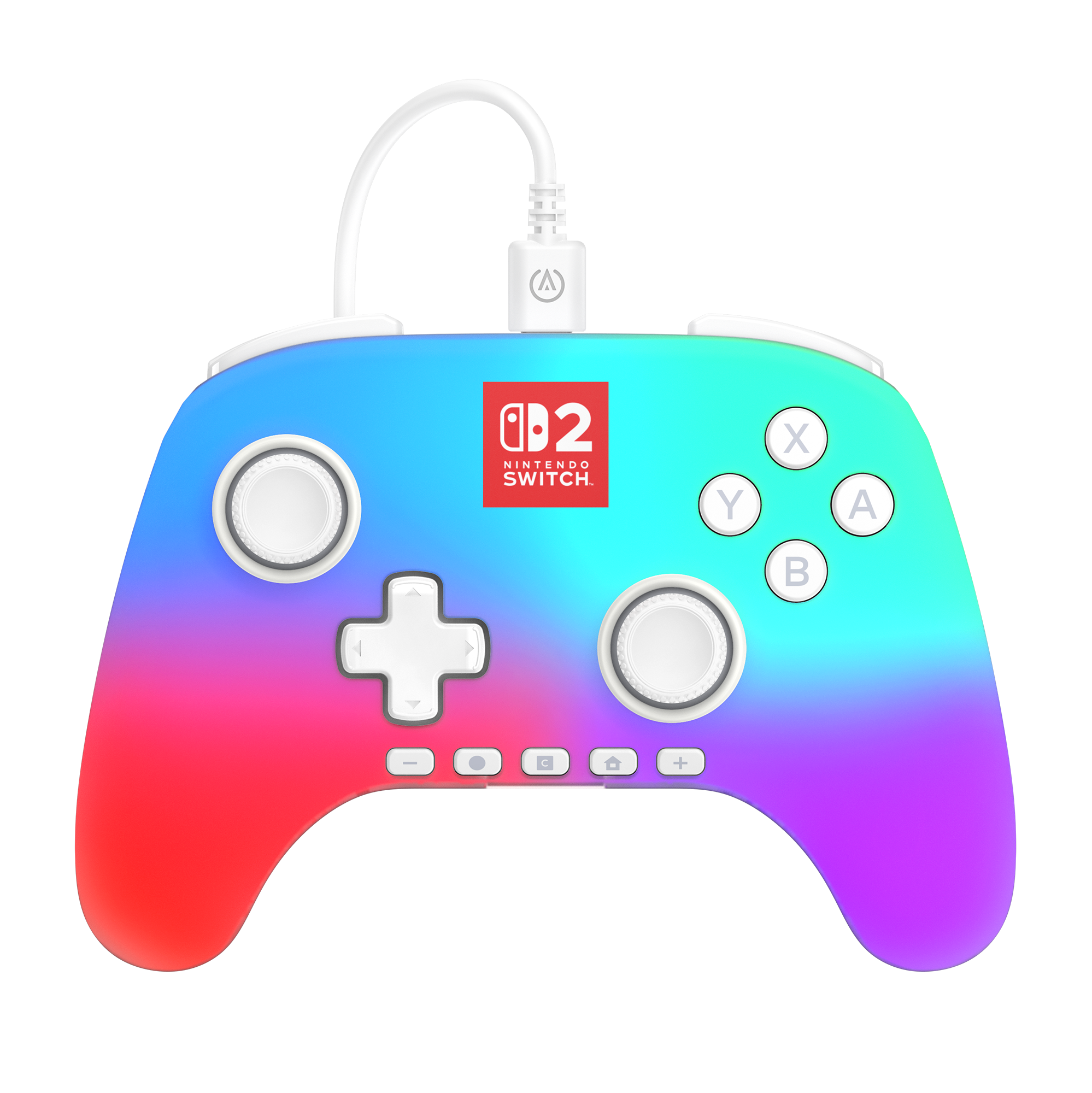 Ein farbenfroher Nintendo Switch-Controller mit weißen Knöpfen und Kabel. Es hat das Nintendo Switch-Logo.
