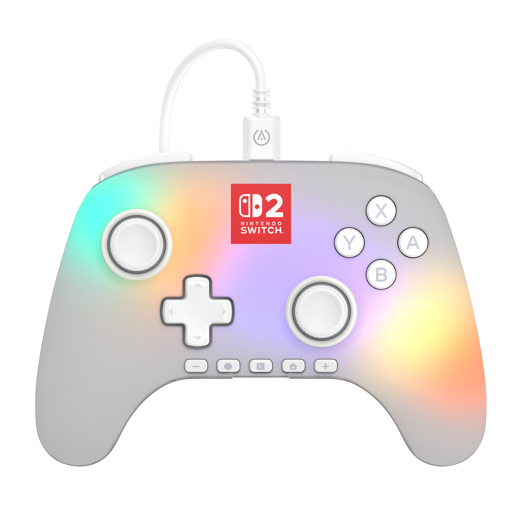 Ein Nintendo Switch-Controller mit Regenbogenverlauf, Knöpfen und weißem Kabel.