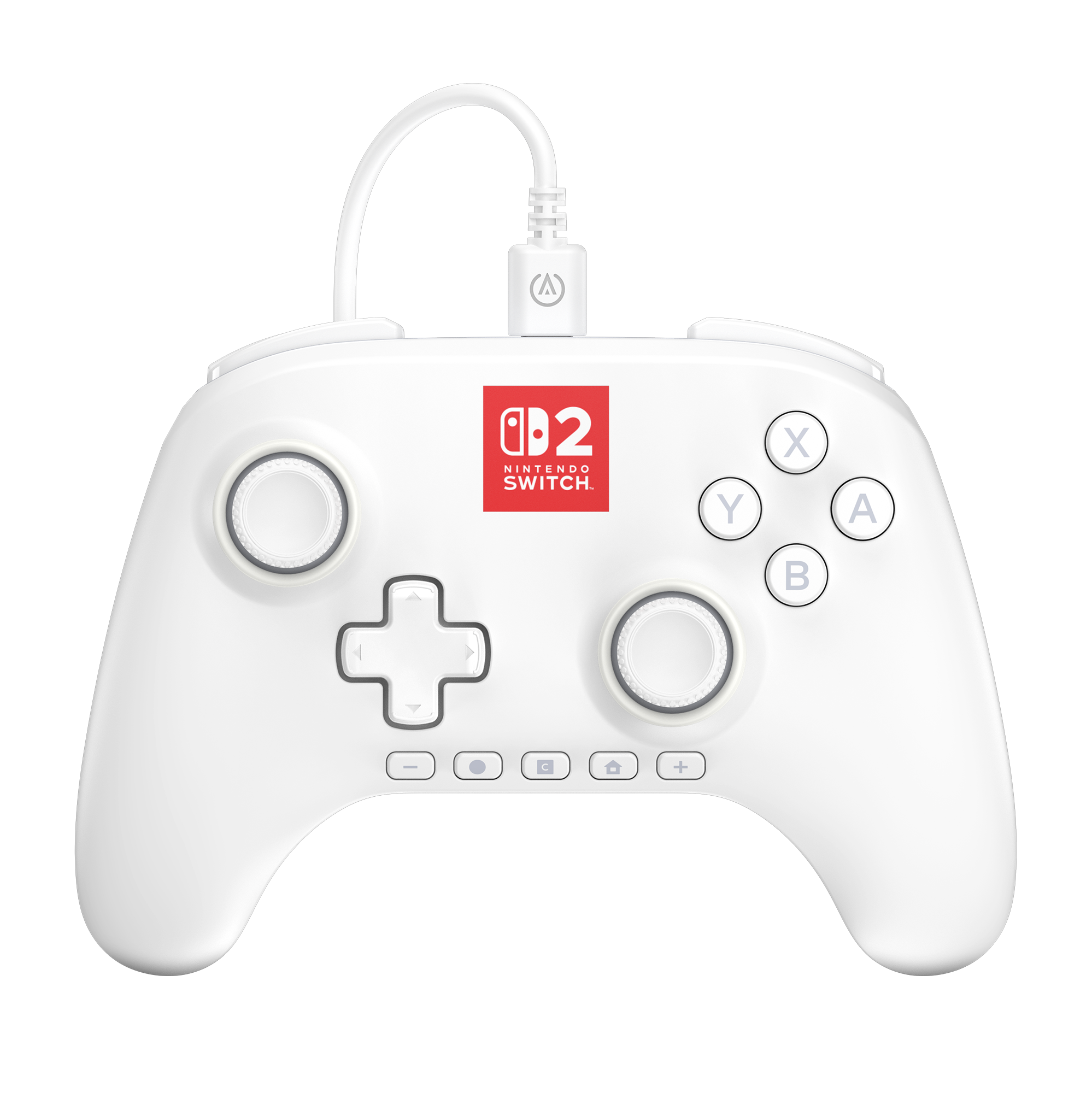 Weißer Nintendo Switch-Controller mit Knöpfen, Joysticks und Kabel. Das Switch-Logo ist rot. Der Hintergrund ist schwarz.