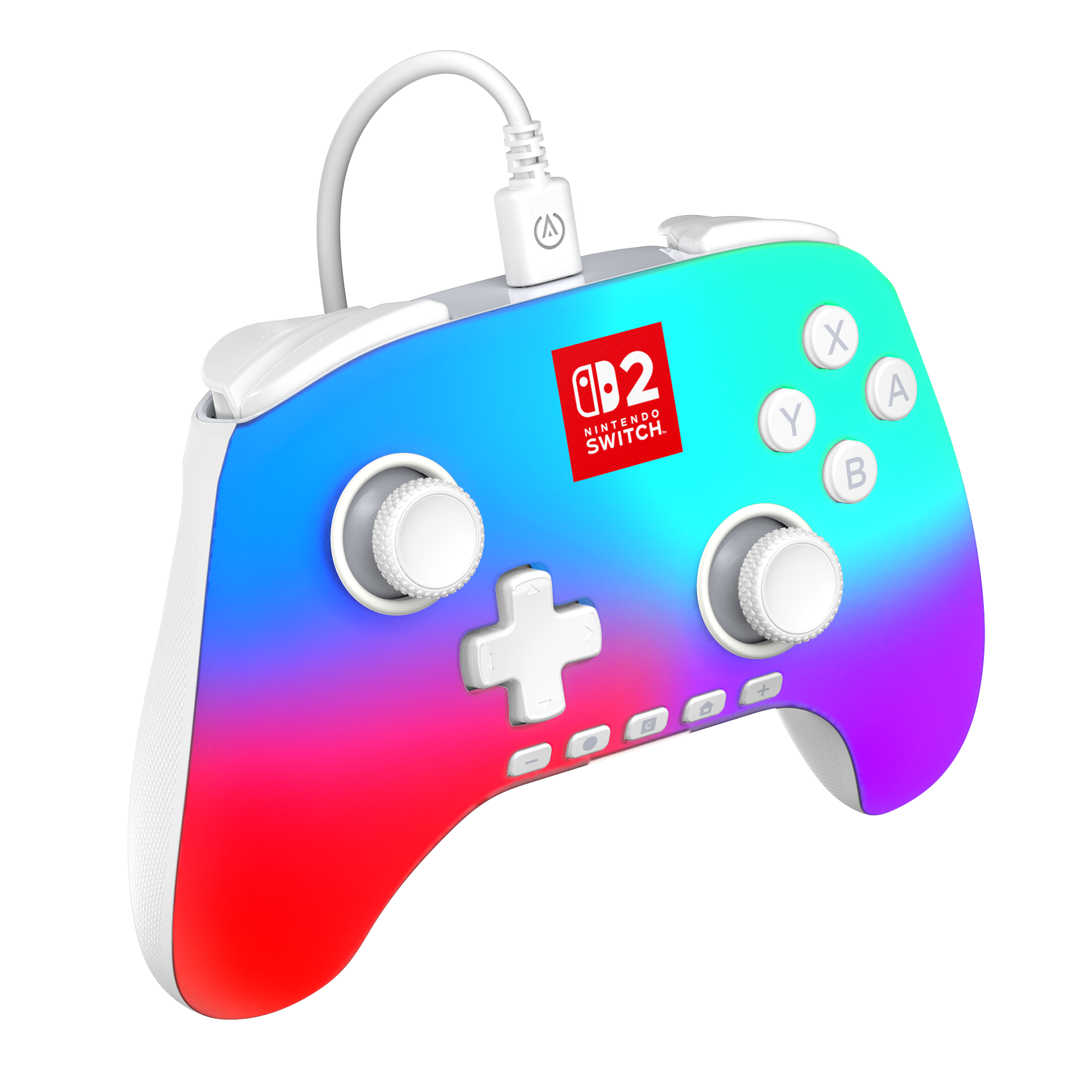Ein farbenfroher Nintendo Switch-Controller mit weißem Kabel. Es hat Knöpfe und Joysticks. Die Farben sind rot, blau und lila.