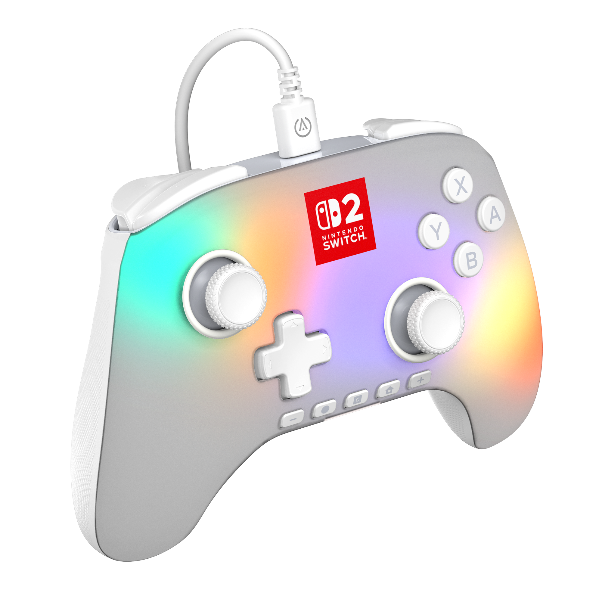 Ein Nintendo Switch-Controller. Er ist silberfarben mit Regenbogenakzenten und weißen Knöpfen. Auf der Vorderseite befindet sich das Nintendo Switch-Logo.