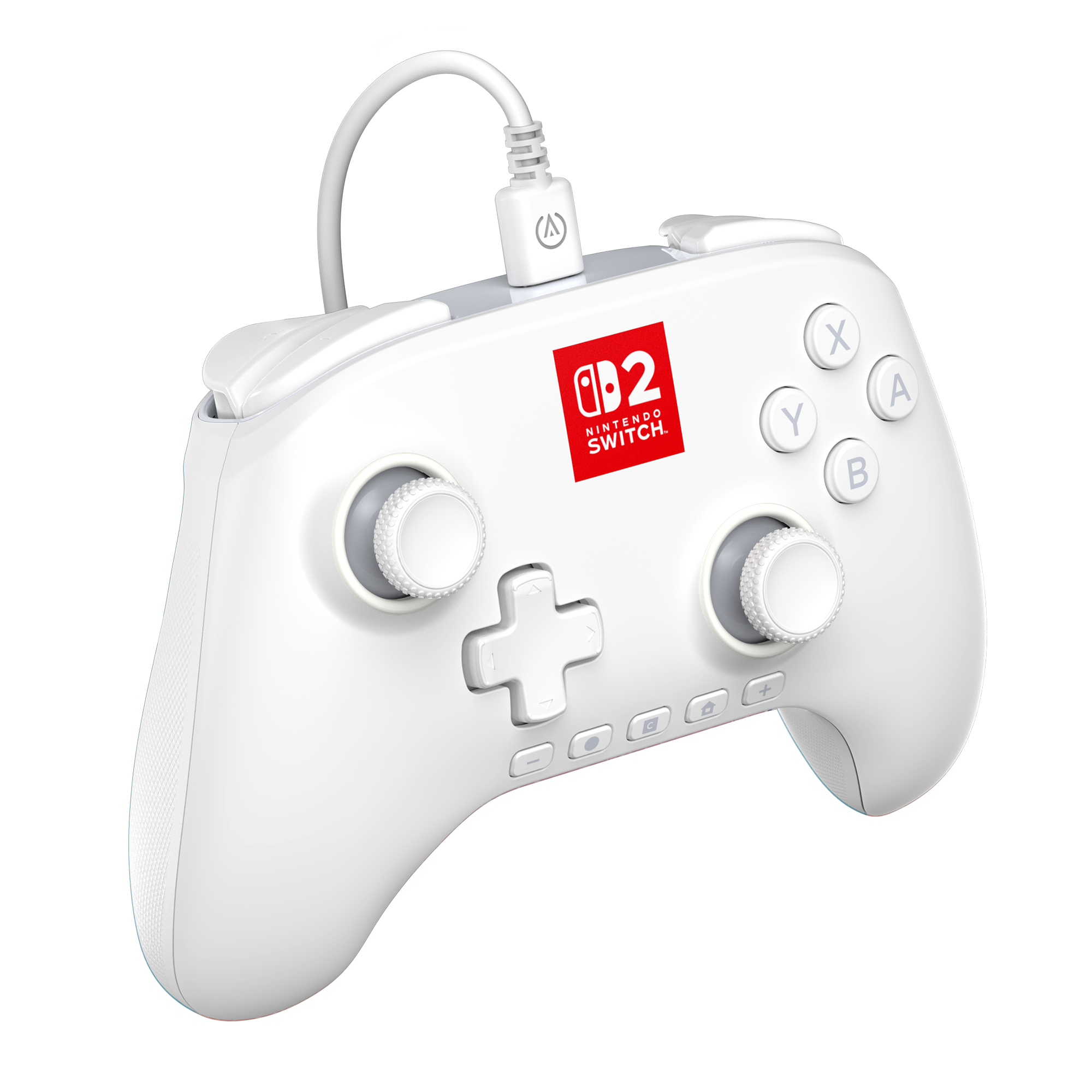 Weißer Nintendo Switch-Controller. Mit Knöpfen, Joysticks und einem Ladekabel. Mit dem Nintendo Switch-Logo.