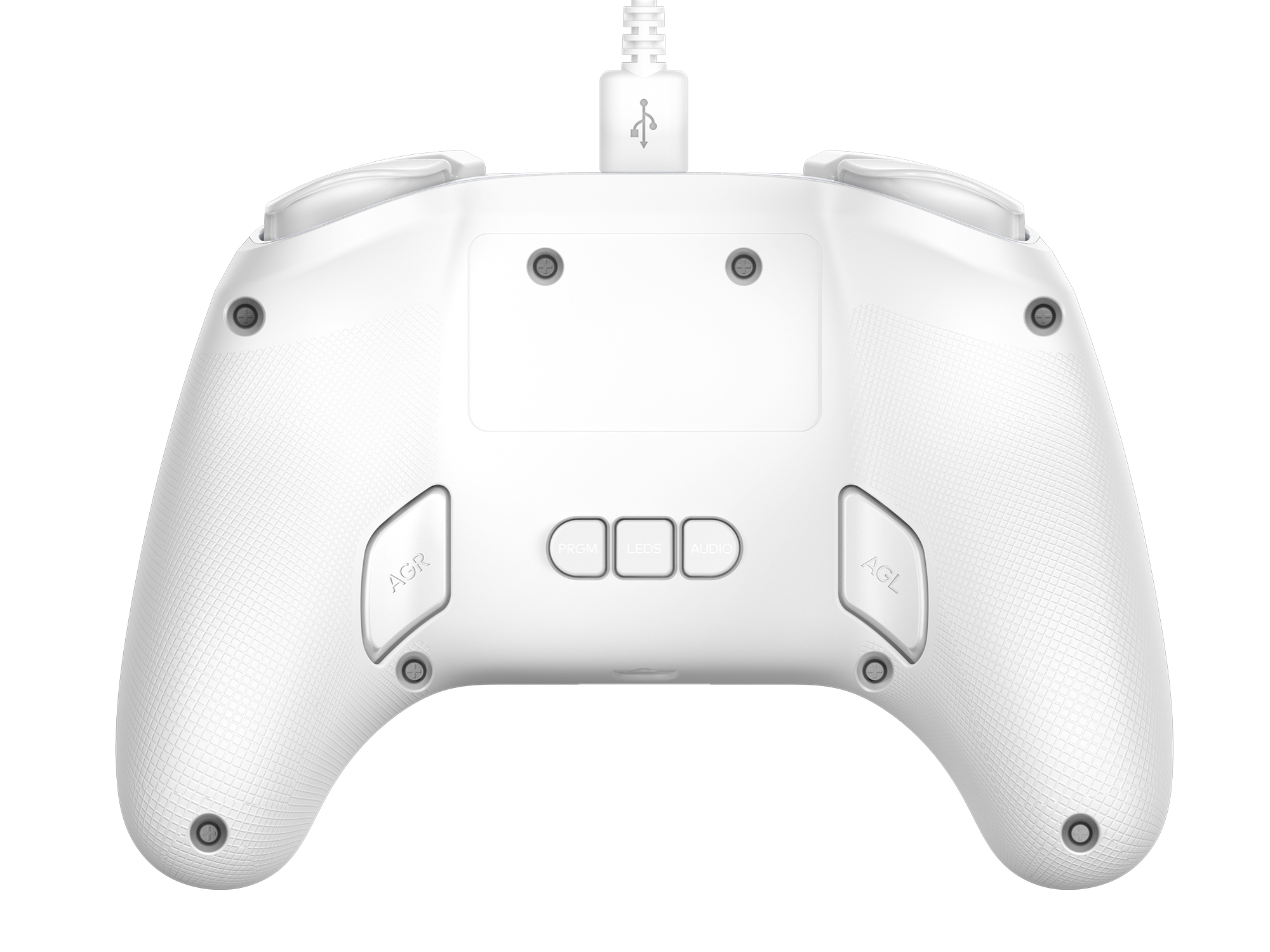 Ein weißes Gamepad mit USB-Kabel. Es hat Tasten mit den Bezeichnungen AGR, PRGM, LEDS, AUDIO und AGL. Der Hintergrund ist dunkel.