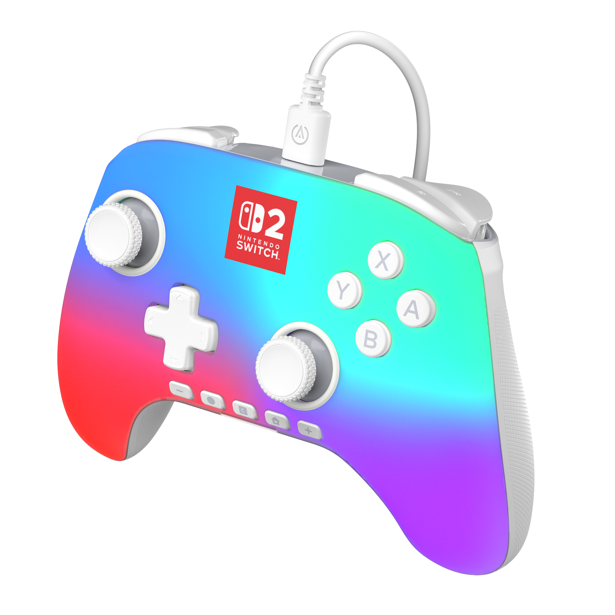 Ein Controller für Nintendo Switch mit Farbverlauf, weißen Knöpfen und einem weißen Kabel. Das Nintendo Switch-Logo ist ebenfalls sichtbar.