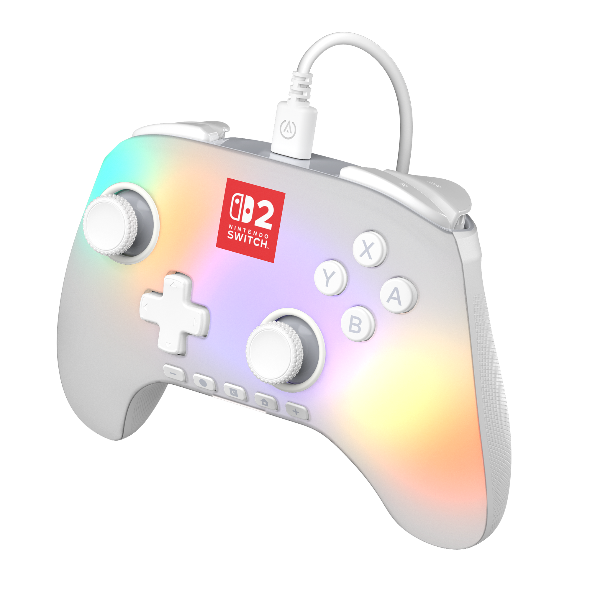 Ein weißer Nintendo Switch-Controller mit Regenbogenverlauf an der Seite. Es hat Knöpfe und ein Kabel.