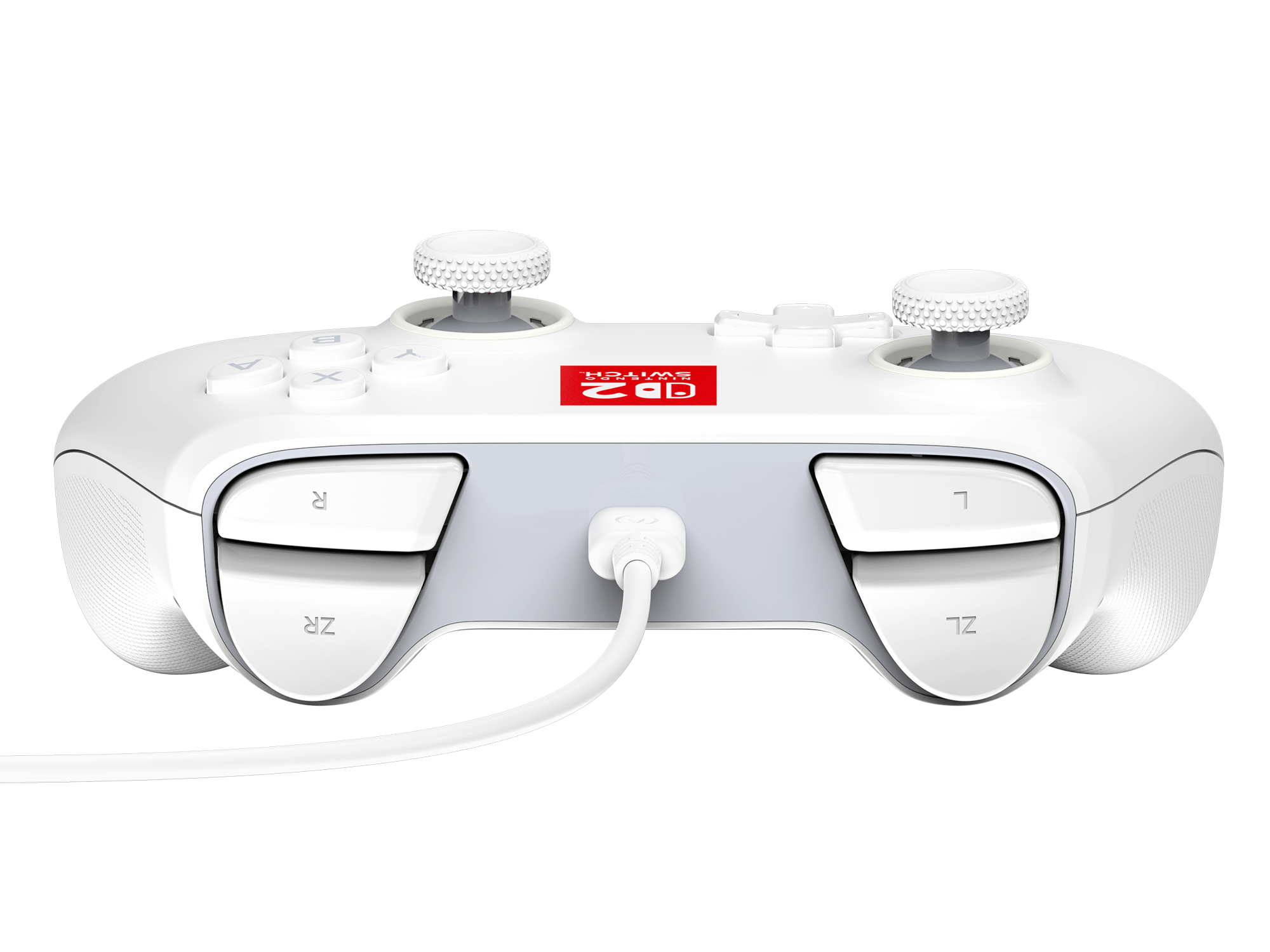 Ein weißer Nintendo Switch-Controller mit Knöpfen, Joysticks und einem Ladekabel. Der Hintergrund ist ein grauer Farbverlauf.