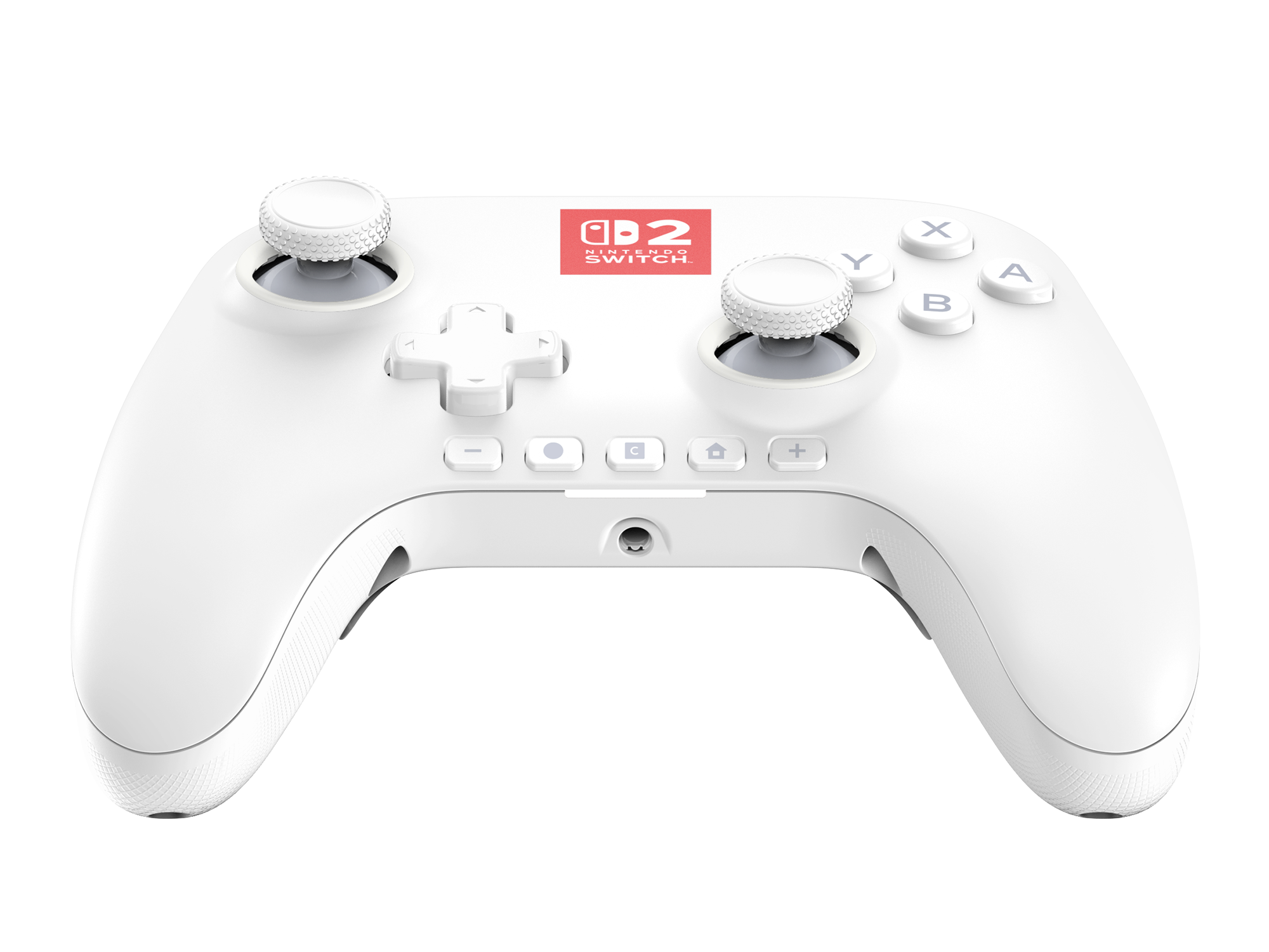 Weißer Nintendo Switch-Controller. Mit Tasten, Joysticks und einem Steuerkreuz. Enthält das Nintendo Switch-Logo.