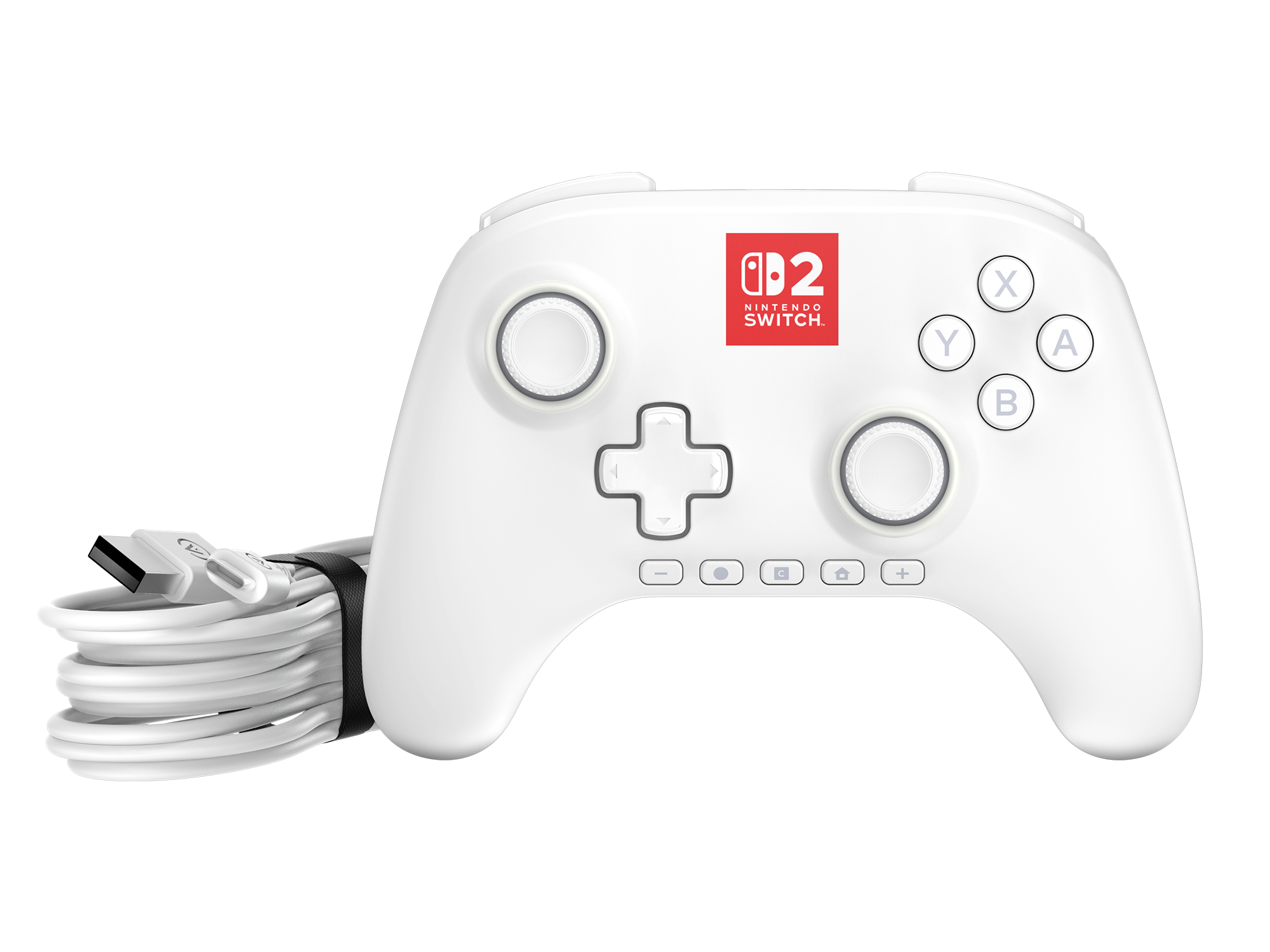 Weißer Nintendo Switch-Controller mit Knöpfen, Joysticks und einem roten Logo. Links befindet sich ein weißes USB-C-Kabel.