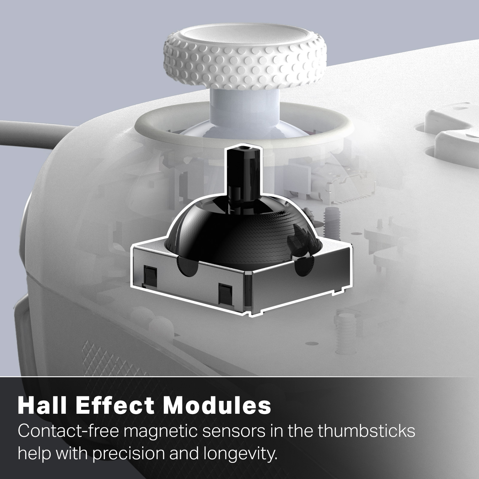 Nahaufnahme eines weißen Controller-Thumbsticks und Hall-Effekt-Moduls. Das schwarze Modul befindet sich unter dem weißen Joystick.