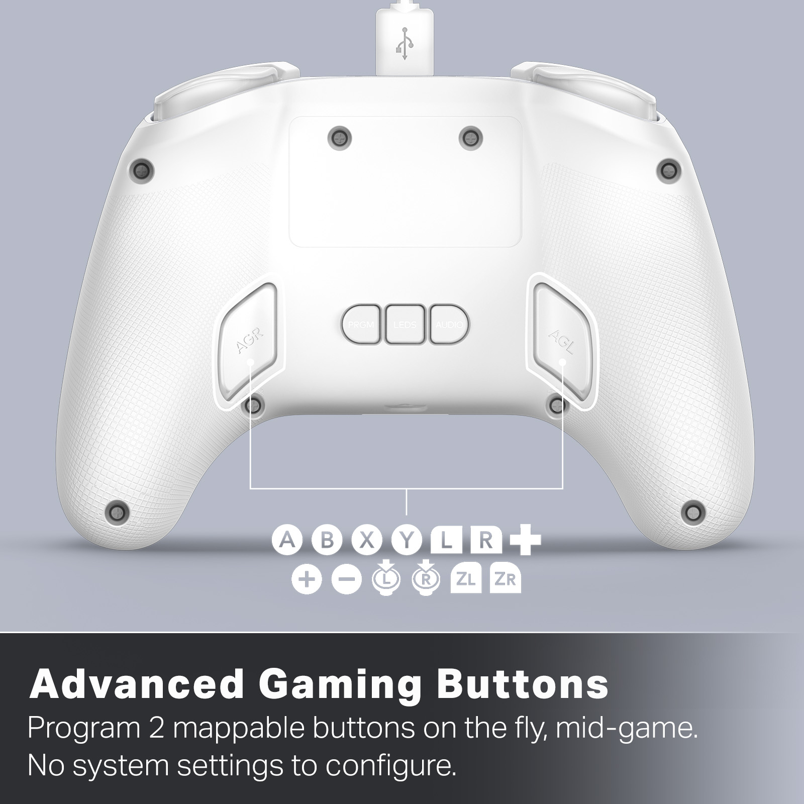 Weißer Gamecontroller mit Knöpfen und USB-Kabel. Text: 'Advanced Gaming Buttons'.