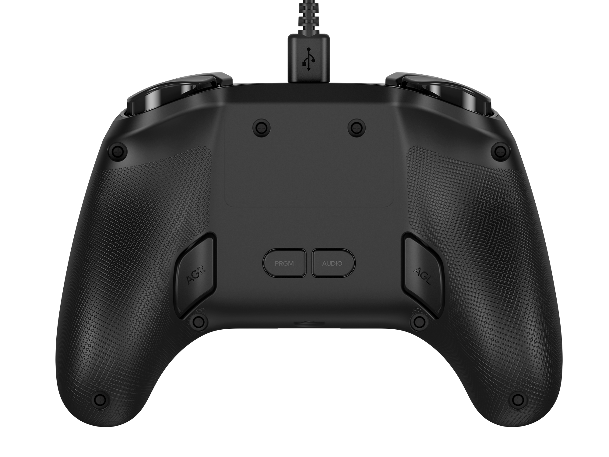 Schwarzer Gamecontroller, Rückansicht. Mit Tasten PRGM, AUDIO, AGL und AGX. USB-Kabel oben angeschlossen.
