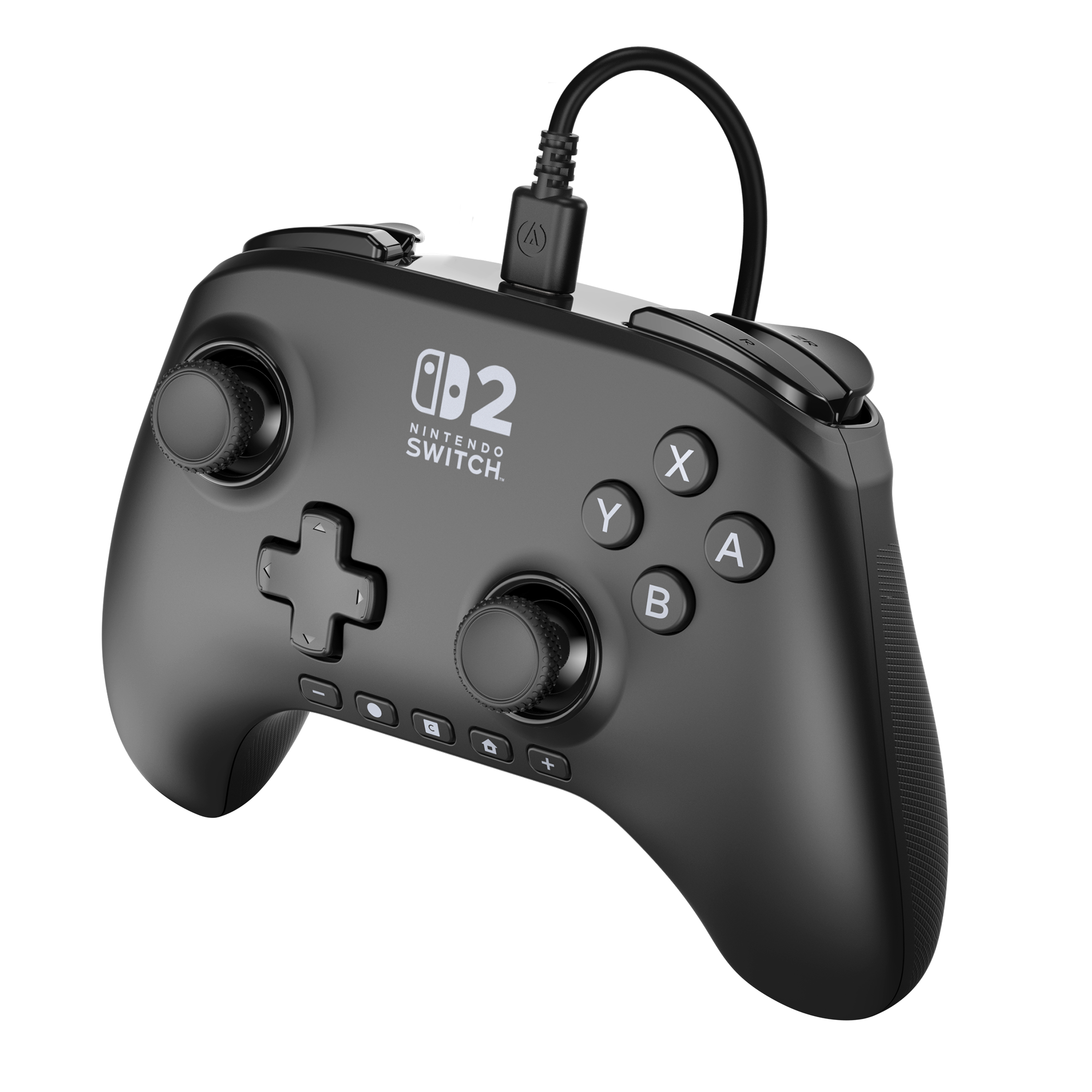 Schwarzer Nintendo Switch-Controller mit Knöpfen, Joysticks und angeschlossenem Ladekabel. Der Controller hat das Switch-Logo.