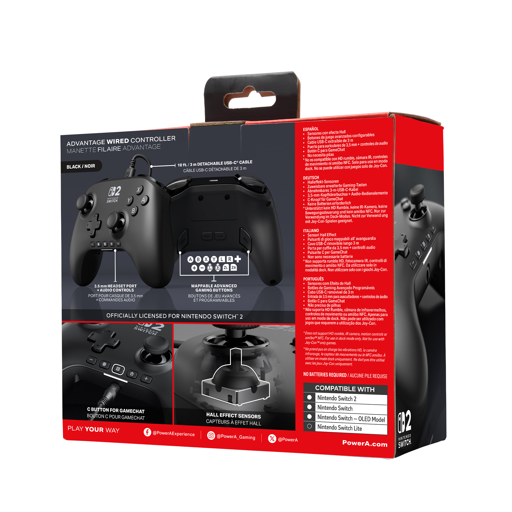Schwarzer kabelgebundener Nintendo Switch-Controller. Mit Tasten, Anschlüssen und abnehmbarem USB-C-Kabel. Verpackung mit Spezifikationen.