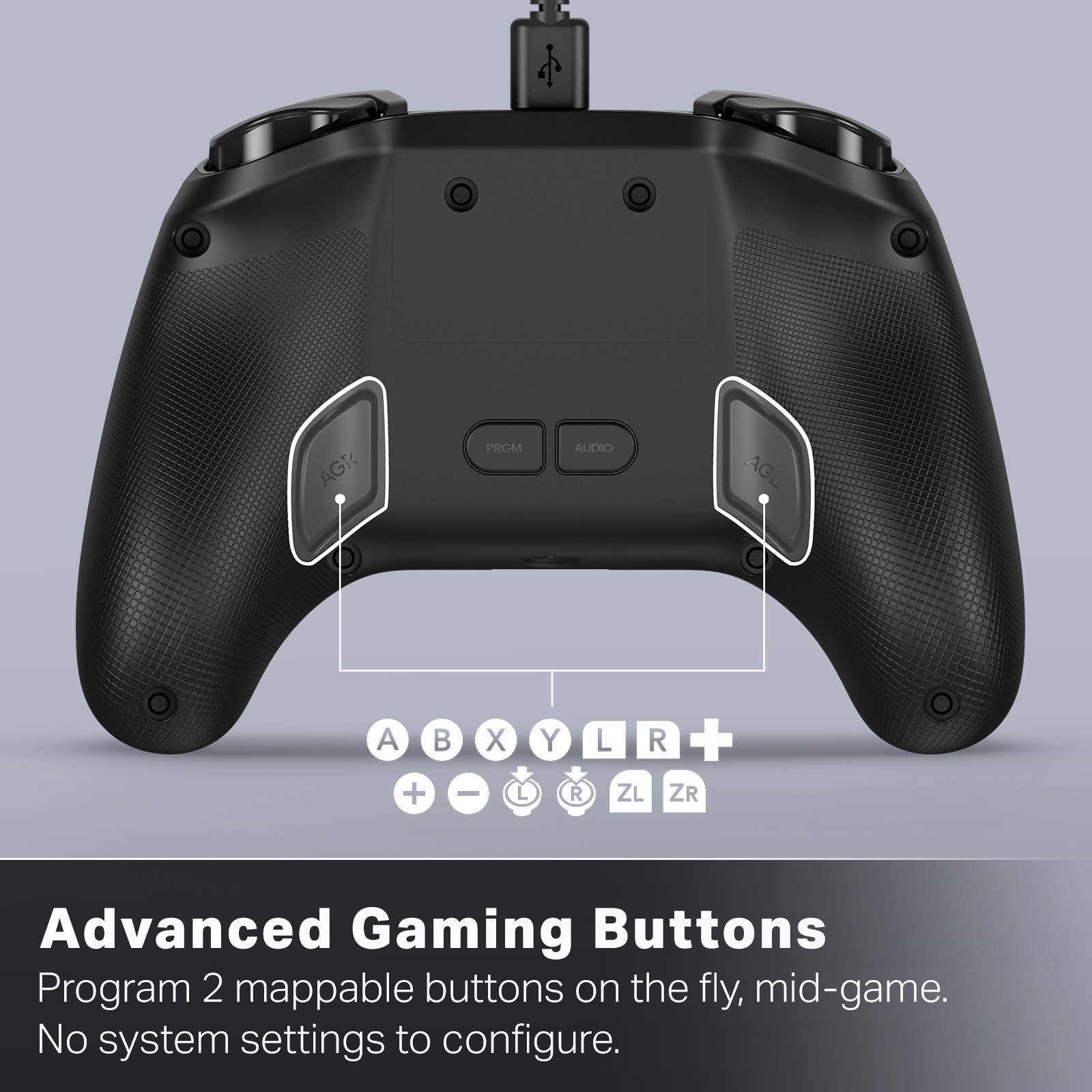 Schwarzer Gamecontroller mit Knöpfen und Kabel. Beschriftete Tasten sind A, B, X, Y, L, R, +, -, ZL und ZR.