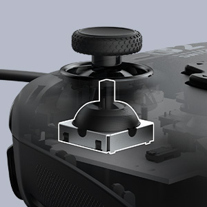 Nahaufnahme eines schwarzen Joysticks mit strukturierter Oberseite. Der Joystick ist Teil eines Gamecontrollers.