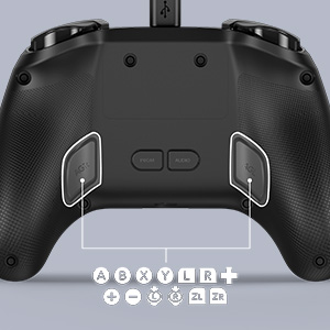 Schwarzer Gamecontroller mit den Tasten A, B, X, Y, L, R, +, -, ZL, ZR, AG1 und AG2 beschriftet.