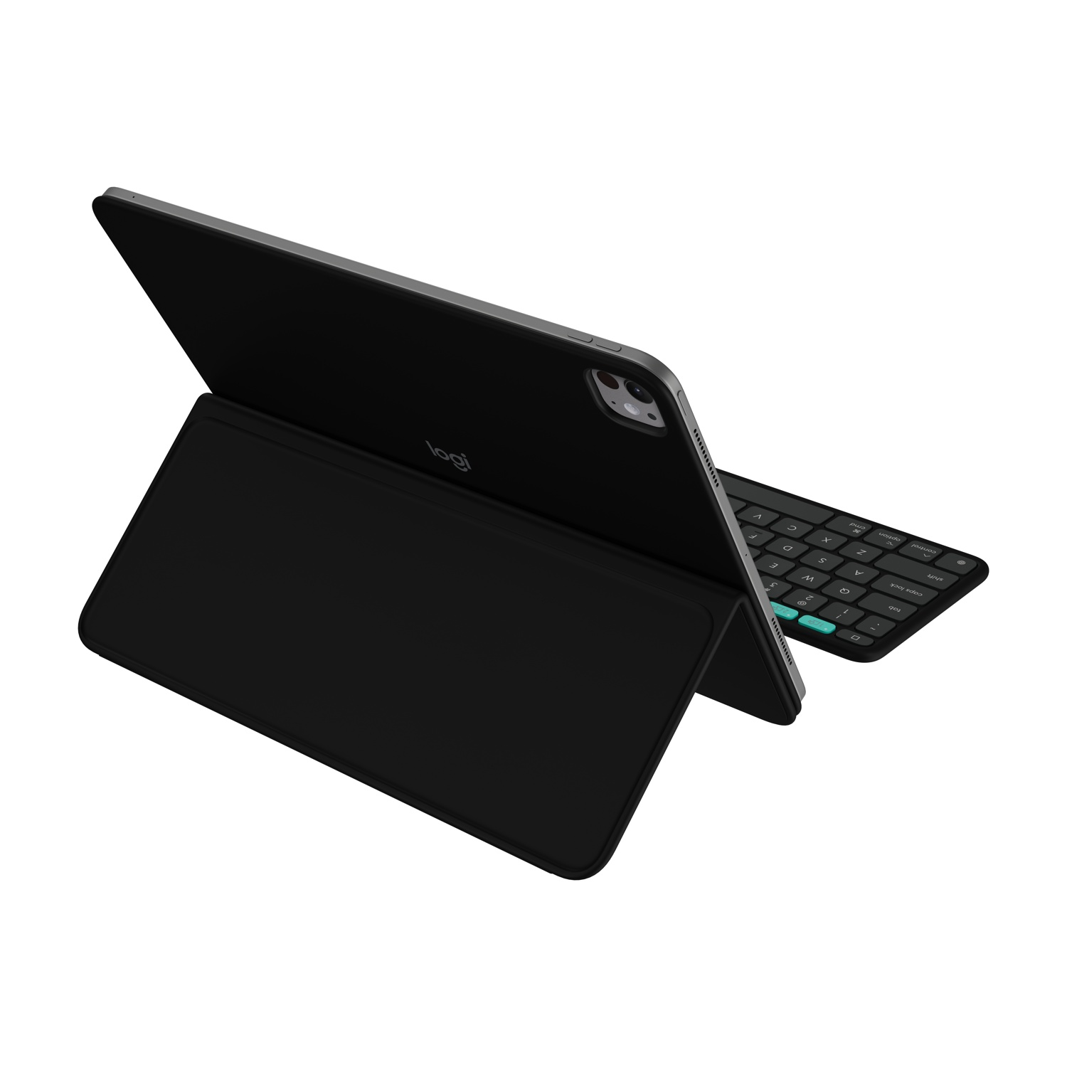 Un tablet nero con tastiera collegata, il tablet è aperto, rivelando la tastiera e lo schermo, con il logo logi visibile.