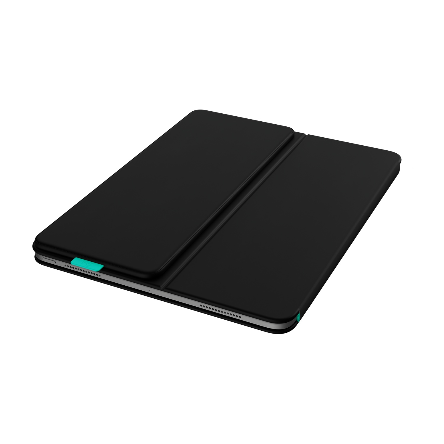 Una custodia nera per tablet, parzialmente aperta. La custodia è su sfondo bianco. La custodia ha un bordo argentato e un accento verde.