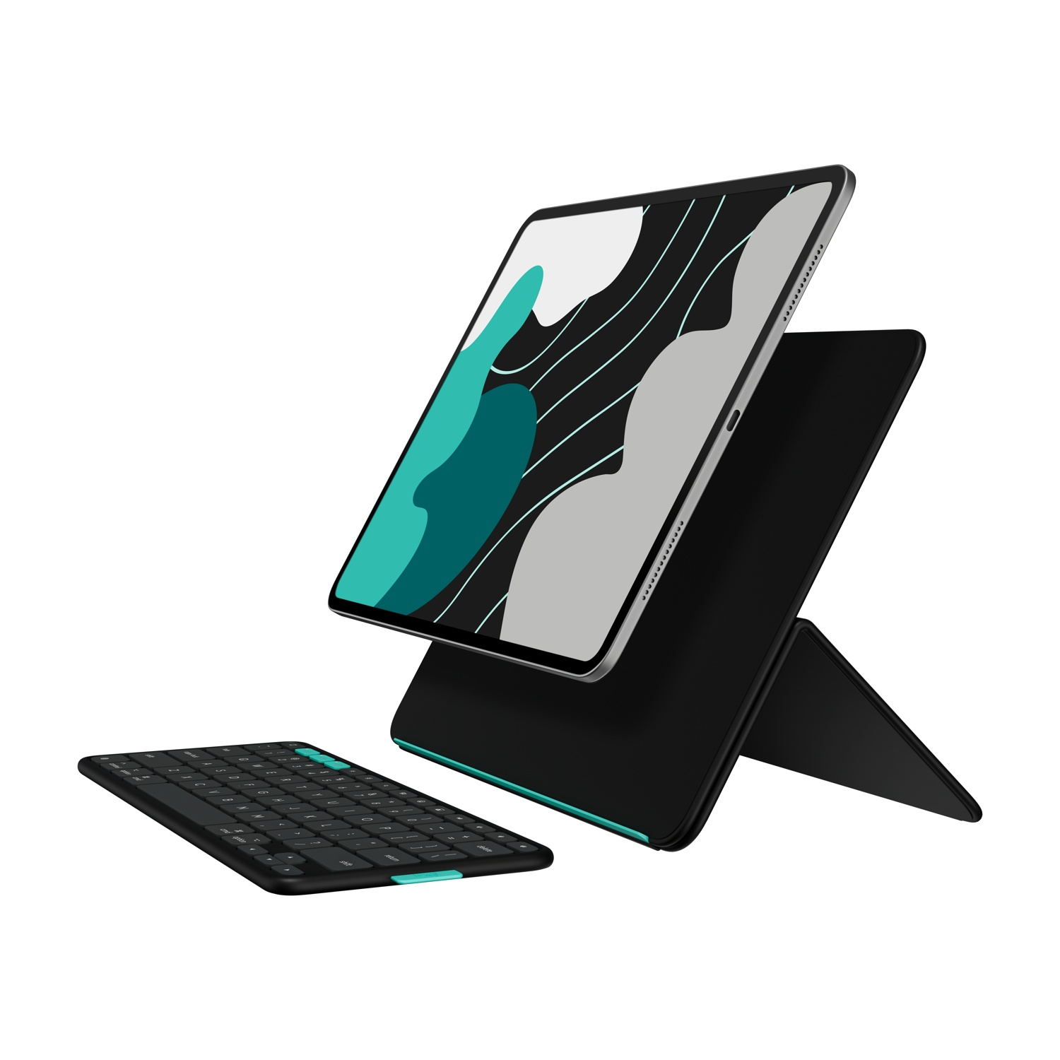 Tablet con custodia e tastiera nere. Lo schermo del tablet mostra un design turchese e bianco su sfondo nero. Il tutto su sfondo bianco.