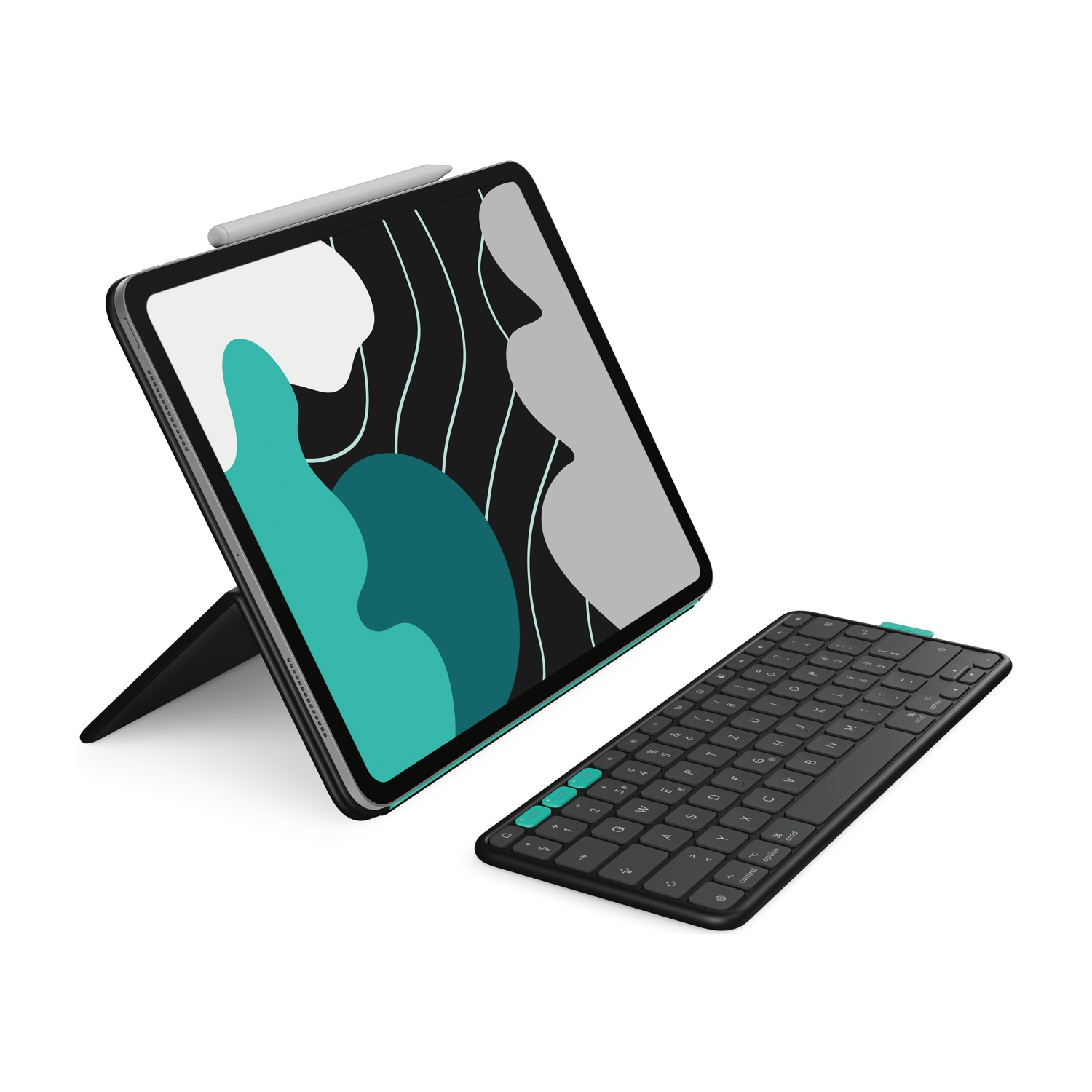 Un iPad con uno stilo poggia su un supporto. Una tastiera separata è accanto. Lo schermo dell'iPad presenta forme astratte verde acqua e nere.