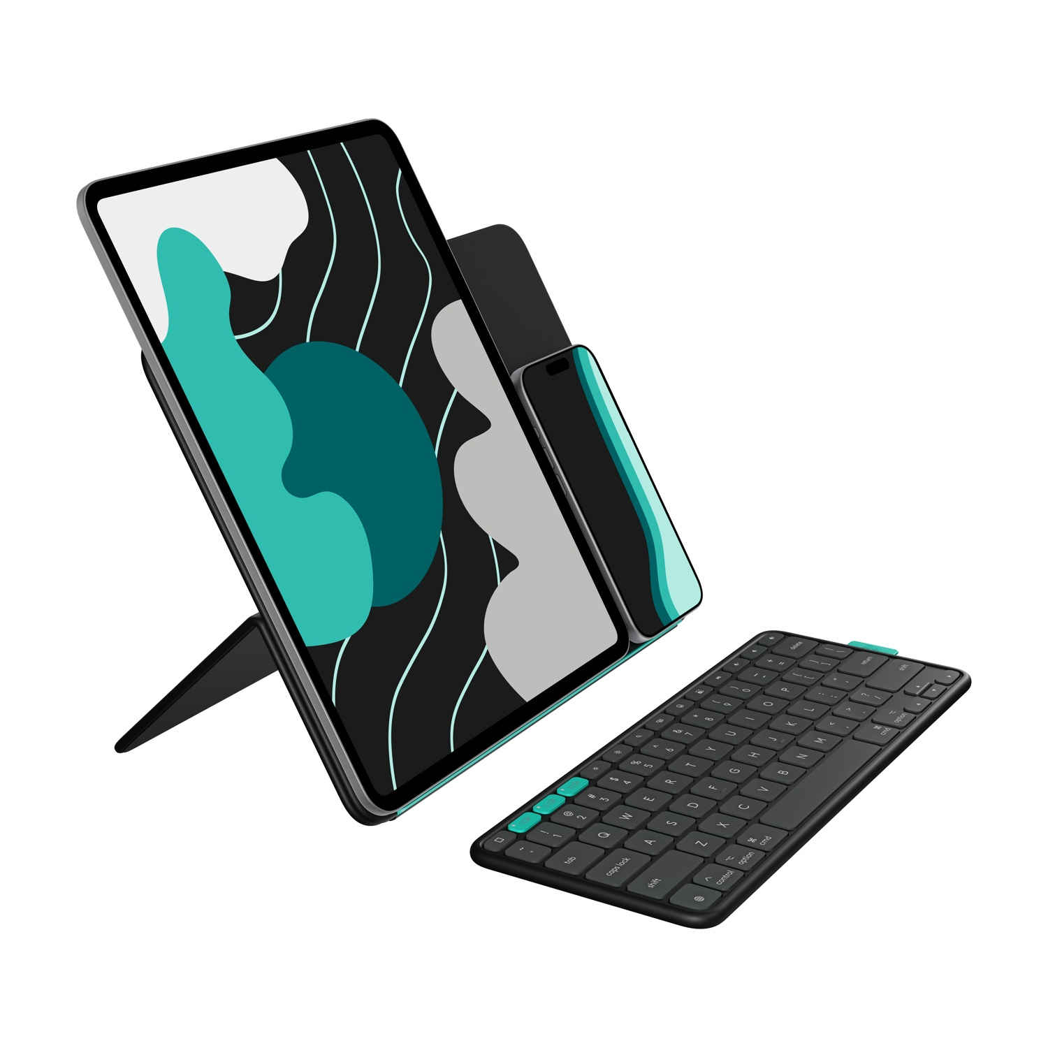 Un tablet e un telefono sono su un supporto. Una tastiera è davanti. Tutti i dispositivi sono neri e hanno dettagli turchese.