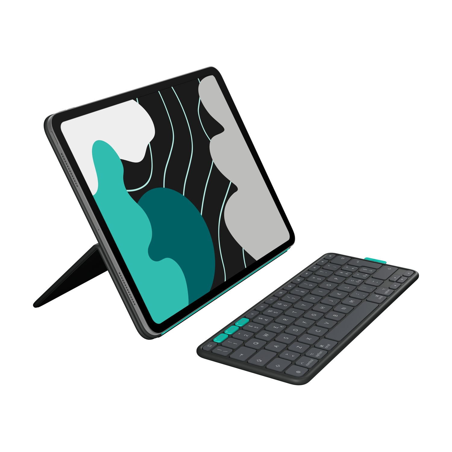 Un iPad con un design nero e verde acqua sullo schermo è supportato da un supporto nero, con una tastiera abbinata accanto.