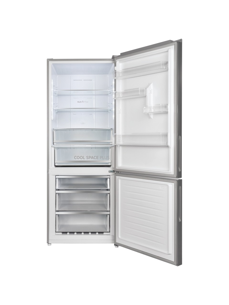 Açık kapılı beyaz bir buzdolabı. İçeride raflar, çekmeceler ve 'COOL SPACE PLUS' ve 'Multi Air Flow' yazıları var.