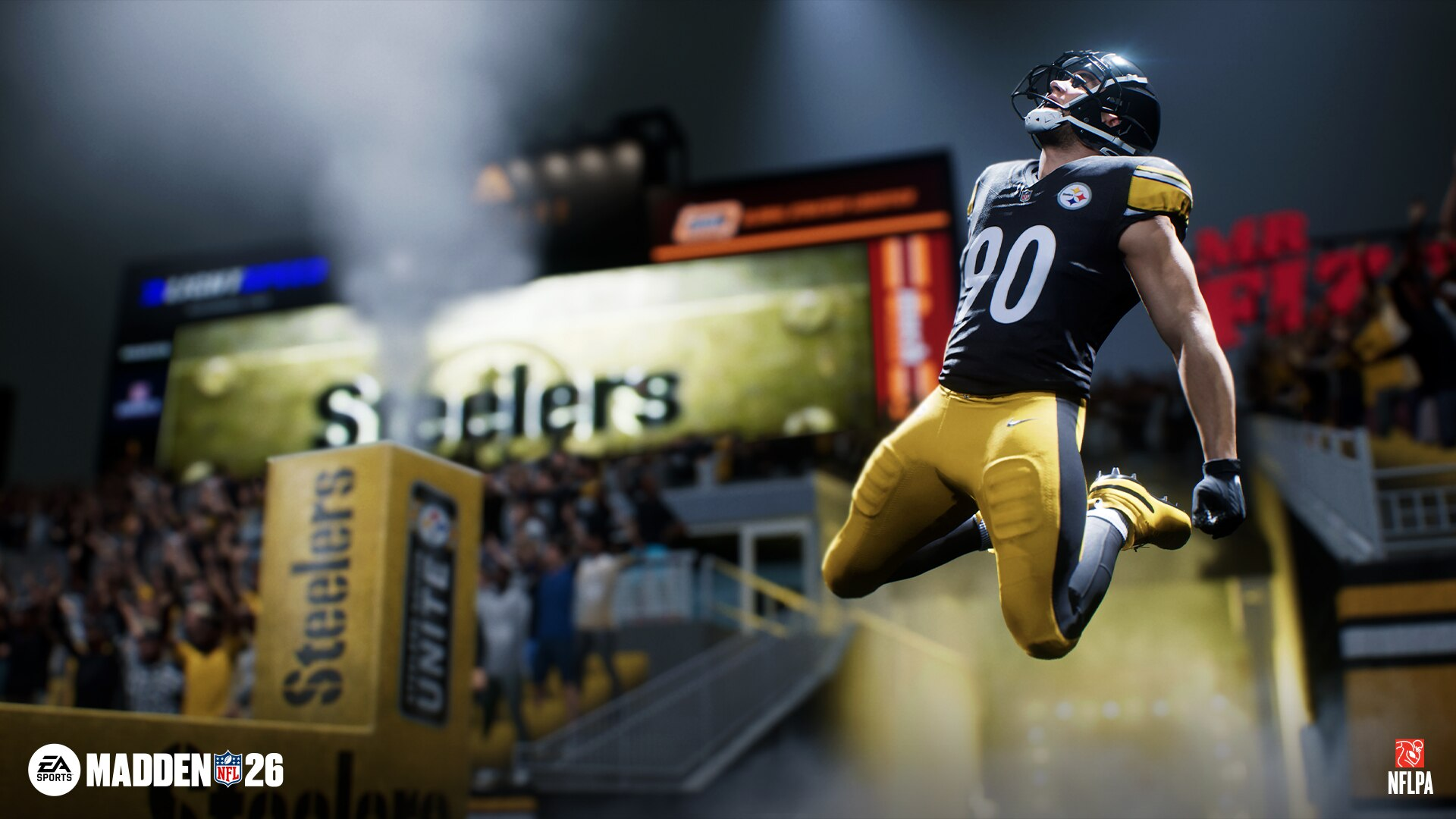 Ein Footballspieler in schwarz-gelber Uniform springt. Das Bild stammt von Madden NFL 26, den Pittsburgh Steelers.
