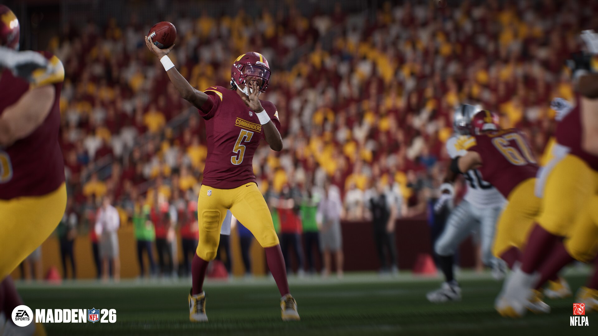 Ein Footballspieler in burgunderfarbener Uniform wirft den Ball. Im Hintergrund ist ein Stadion voller Fans. Madden 26 Logo vorhanden.