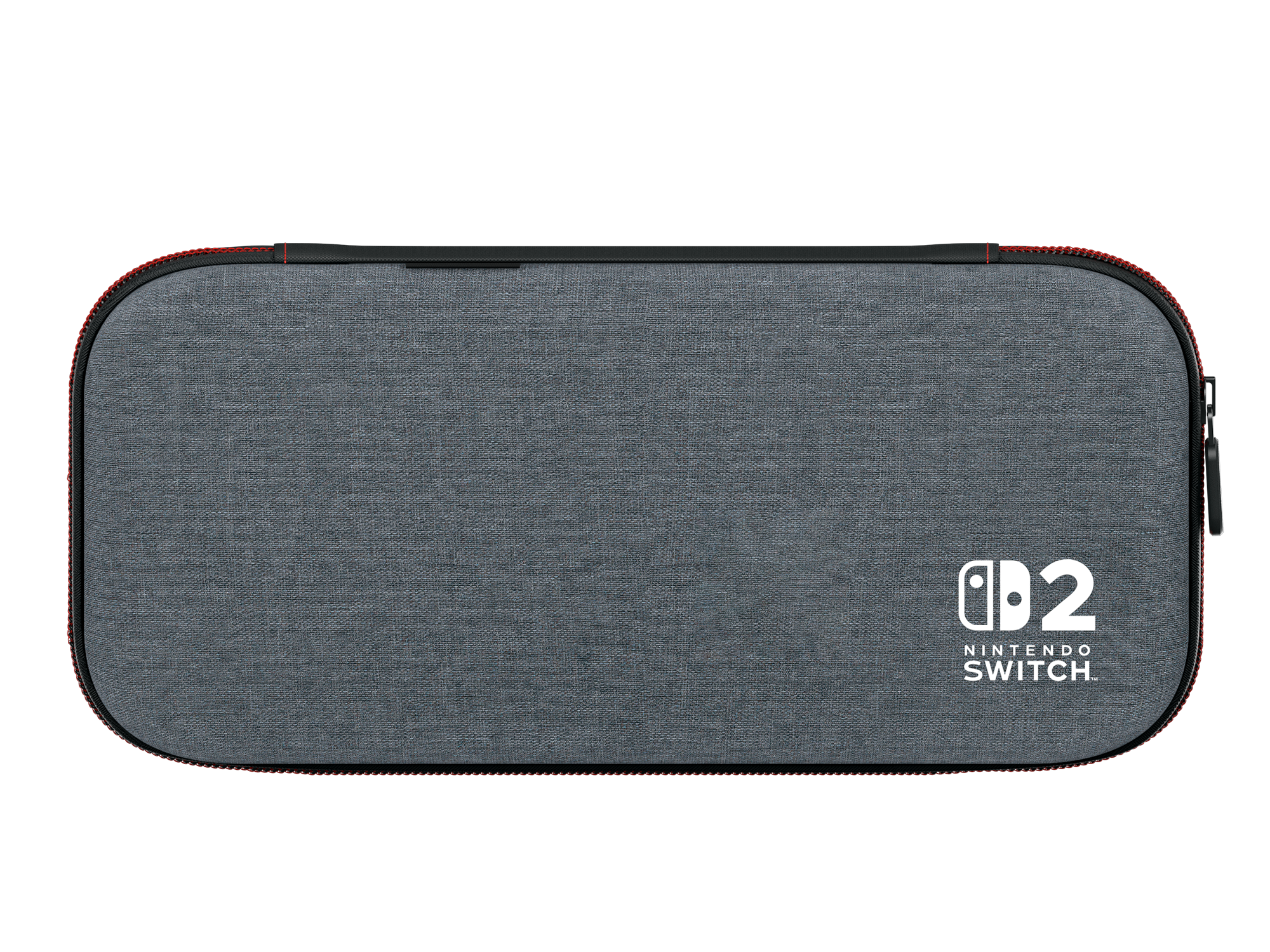 Eine graue Nintendo Switch-Hülle. Die Hülle hat einen roten Reißverschluss und das Nintendo Switch-Logo.