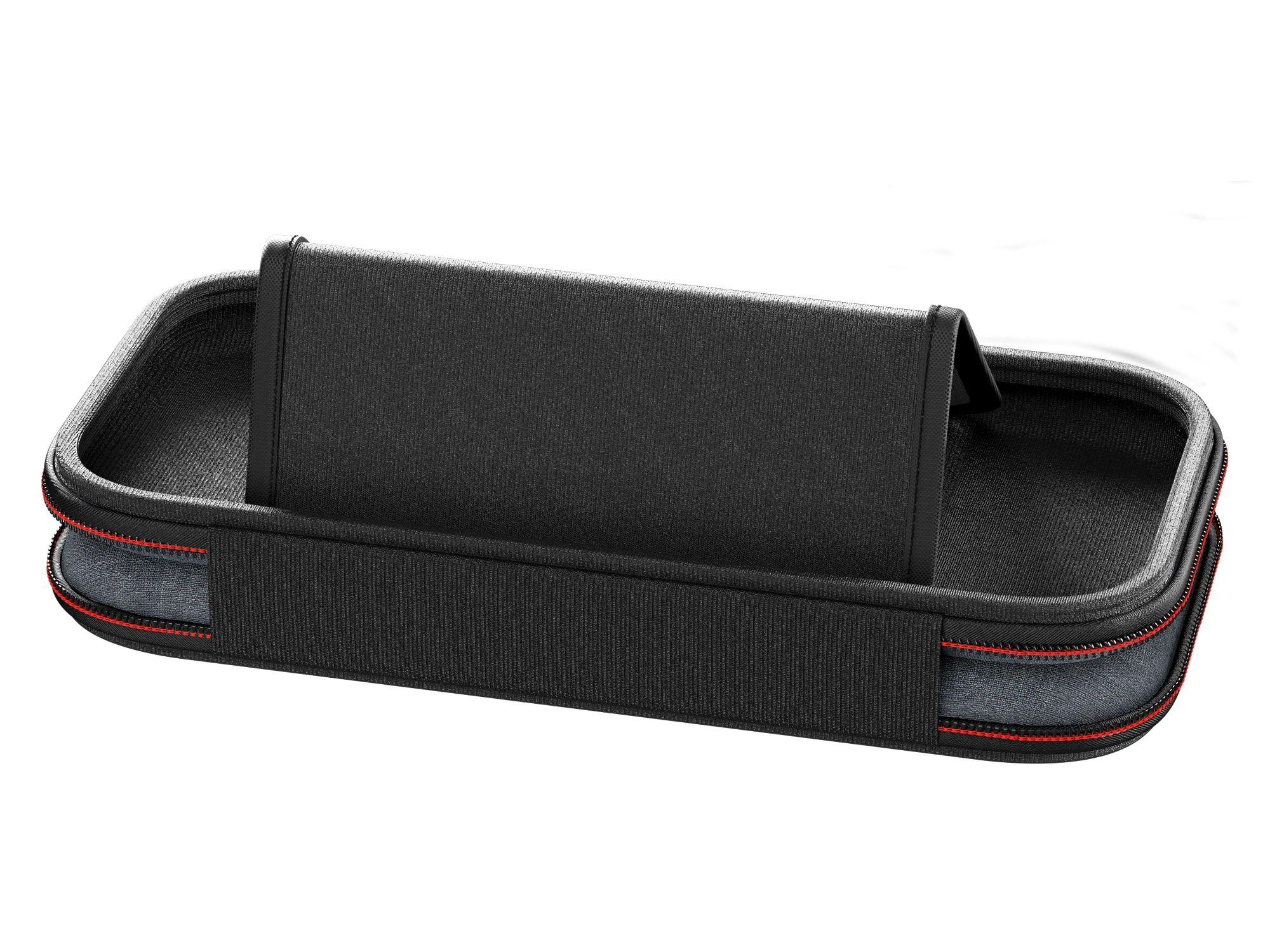 Ein schwarzes Etui mit einem schwarzen Ständer ist zu sehen. Das Etui hat einen roten Reißverschluss. Der Hintergrund ist schwarz.