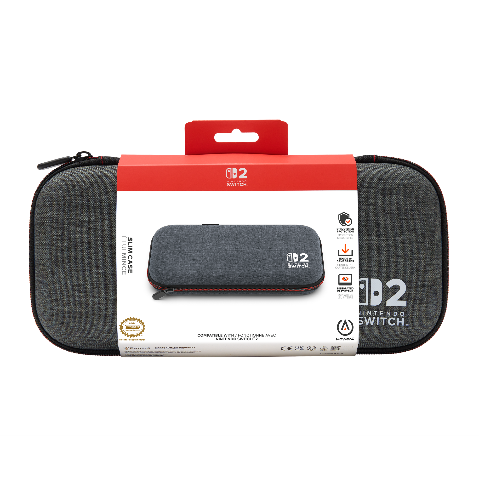 Eine Nintendo Switch 2 Slim-Hülle wird gezeigt. Die Hülle ist grau mit einem roten Reißverschluss. Die Verpackung ist rot mit dem Switch-Logo.