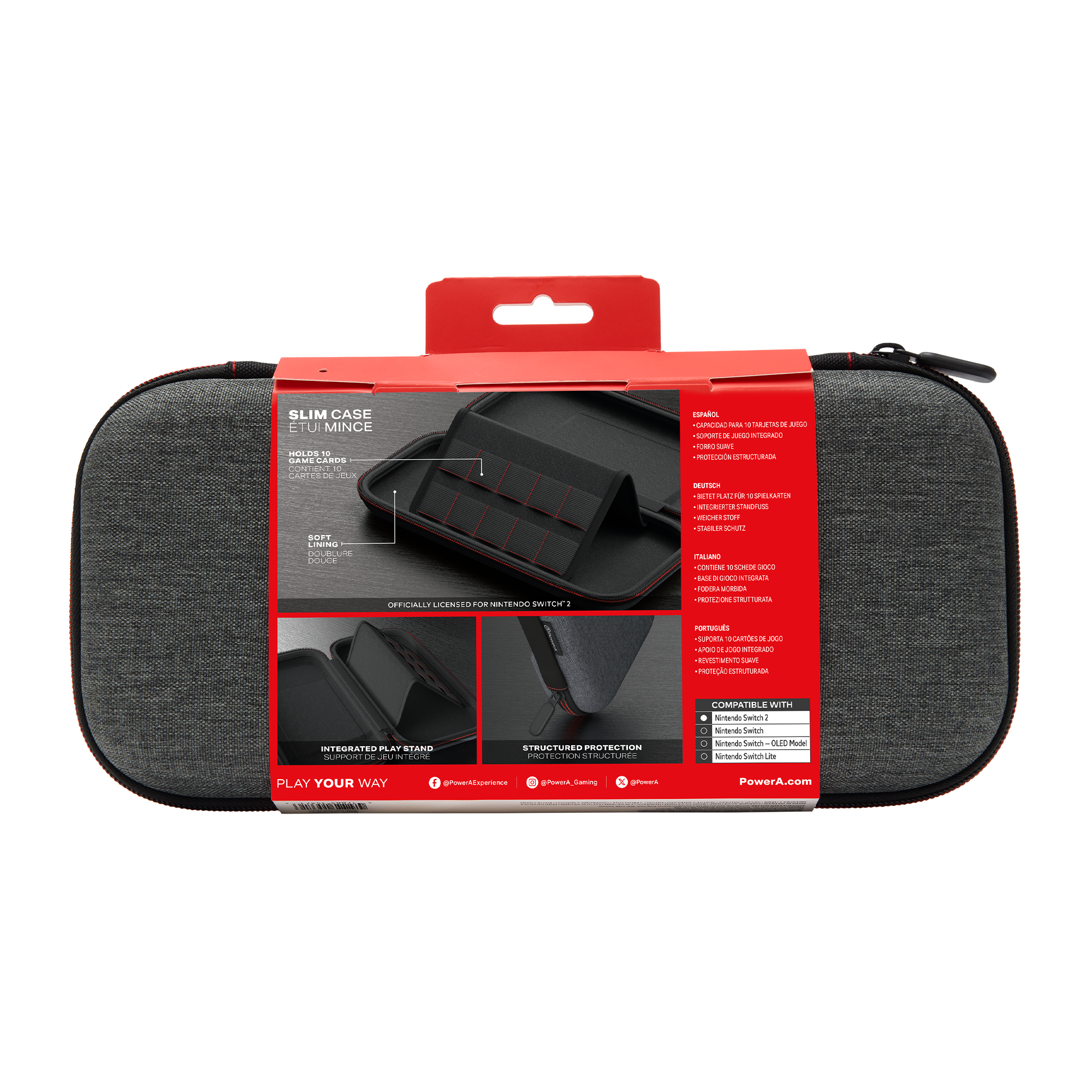 Graue Nintendo Switch-Hülle mit rotem Akzent. Bietet Platz für Spielkarten und einen integrierten Spielständer.
