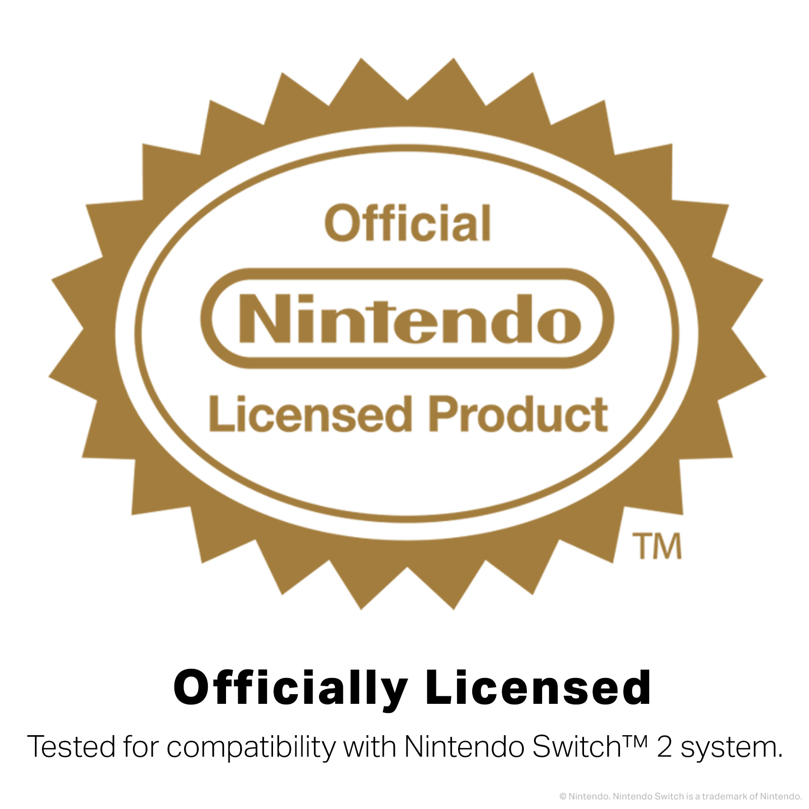 Ein goldenes Siegel mit 'Offizielles Nintendo Lizenzprodukt'. Darunter 'Offiziell lizenziert' und Text zur Kompatibilität.