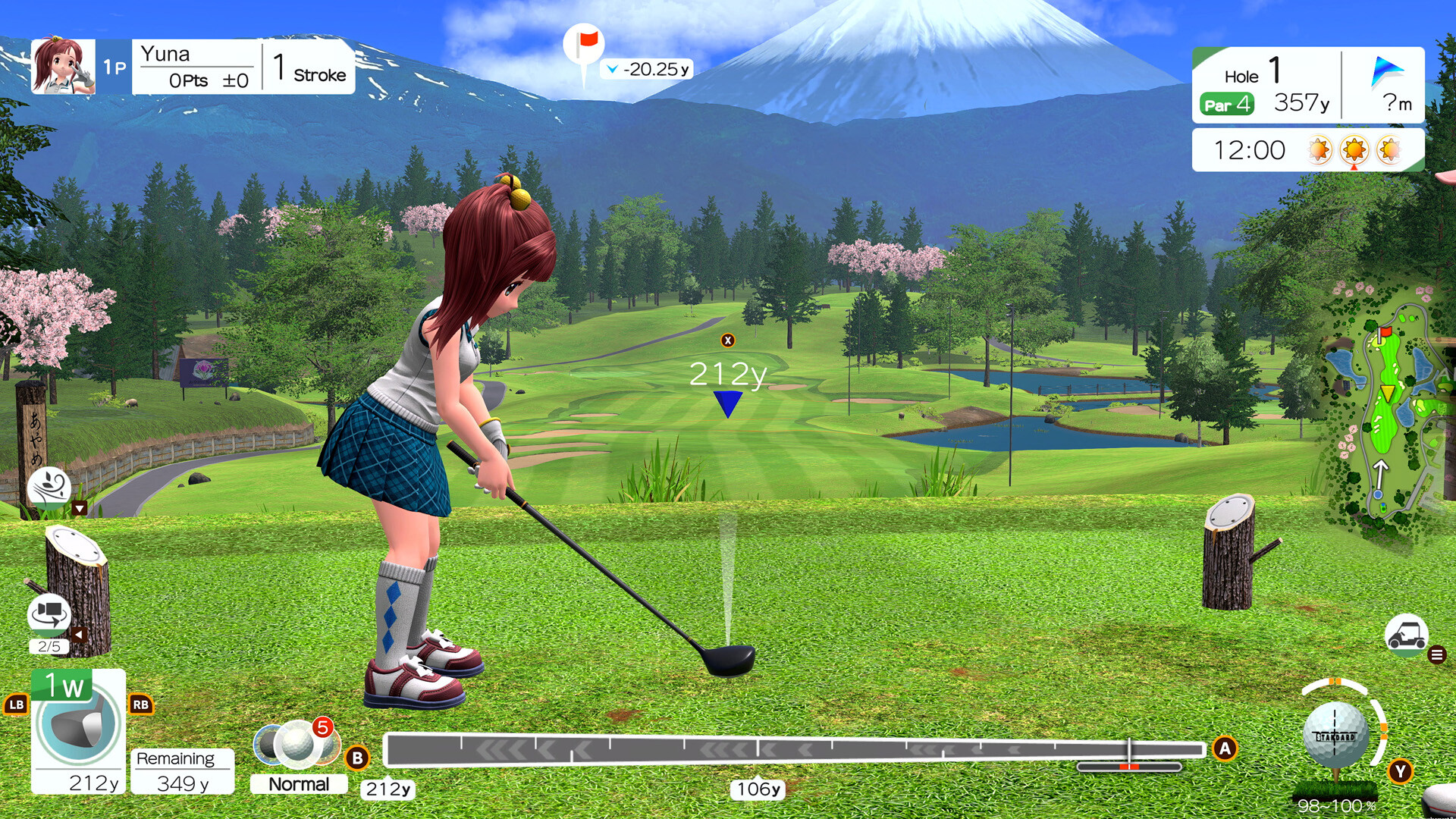 Eine weibliche Figur spielt Golf auf einem grünen Platz. Im Hintergrund ist ein Berg. Die Spieloberfläche ist sichtbar.