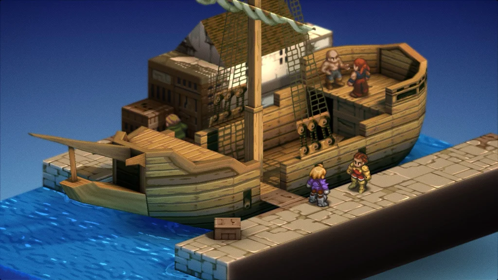 Ein Holzschiff liegt an einem Pier an, mit mehreren Figuren an Bord und am Pier. Die Szene hat einen cartoonartigen Stil.