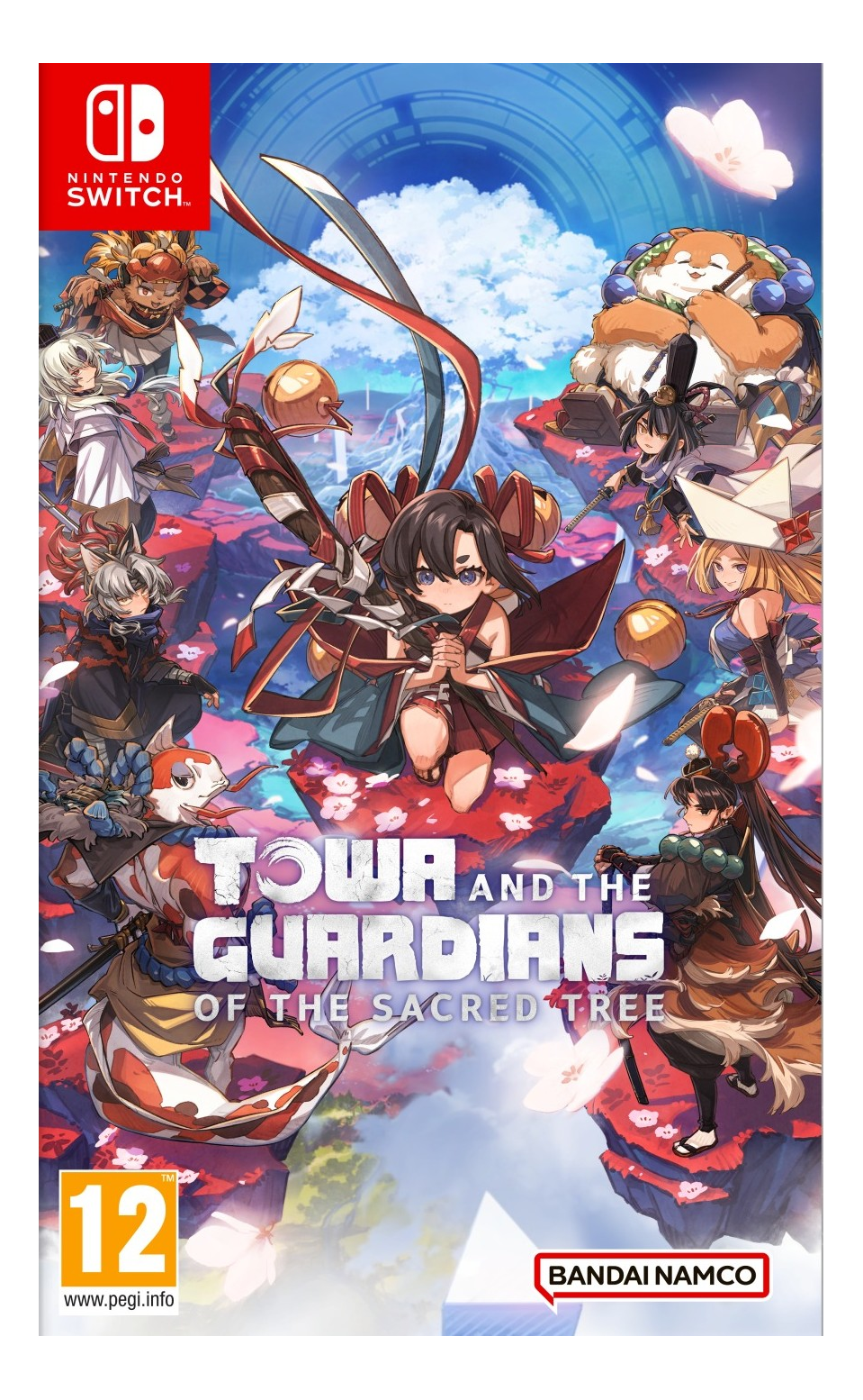 La copertina del gioco presenta personaggi anime e il titolo "Towa and the Guardians of the Sacred Tree". È presente un logo Nintendo Switch.