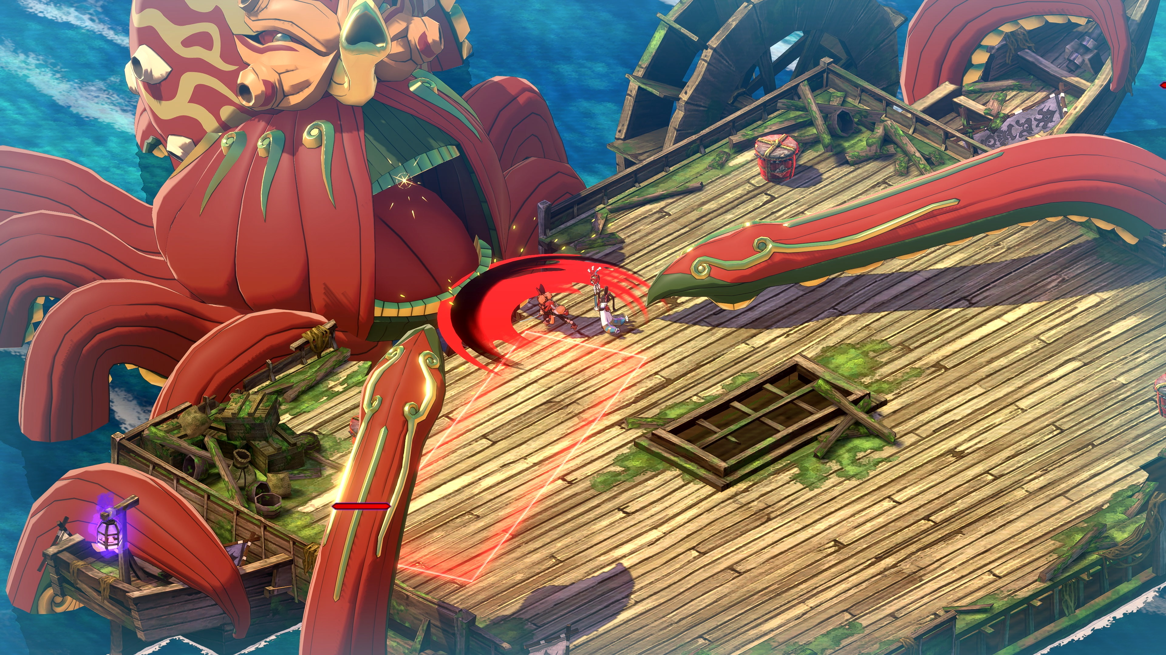 Una creatura rossa con una nave di legno sull'acqua. Due figure combattono sulla nave. Lo sfondo è un mare blu.