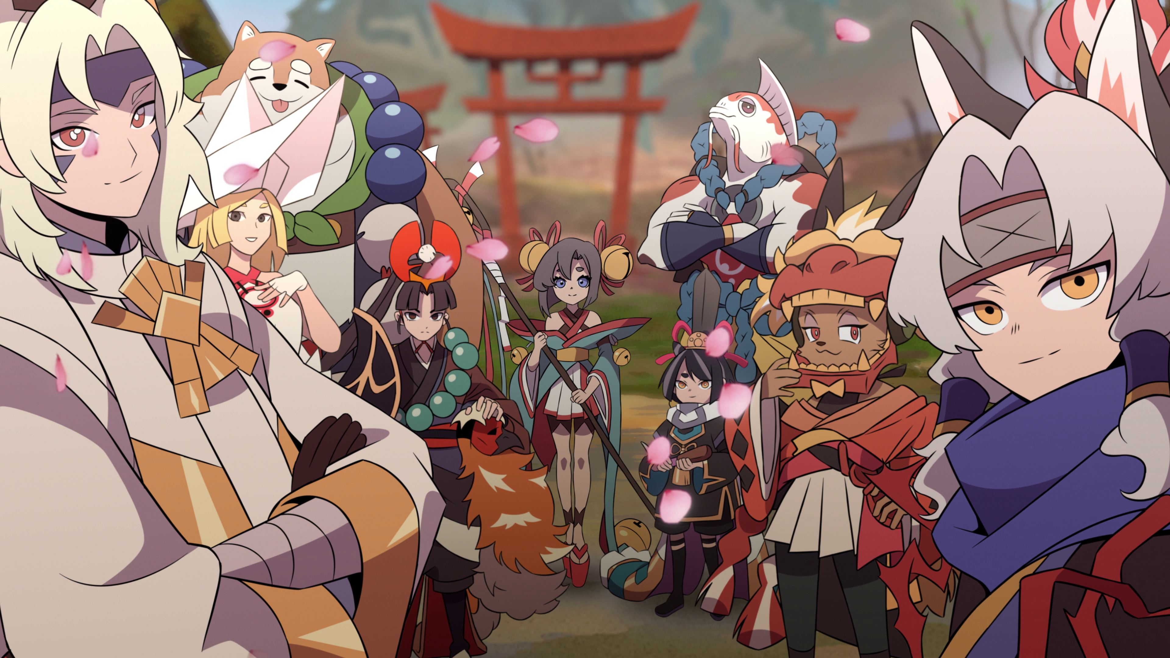 Gruppo di personaggi in stile anime. Un cane, una persona con la testa di pesce e altri sono in primo piano. Un cancello rosso è sullo sfondo.
