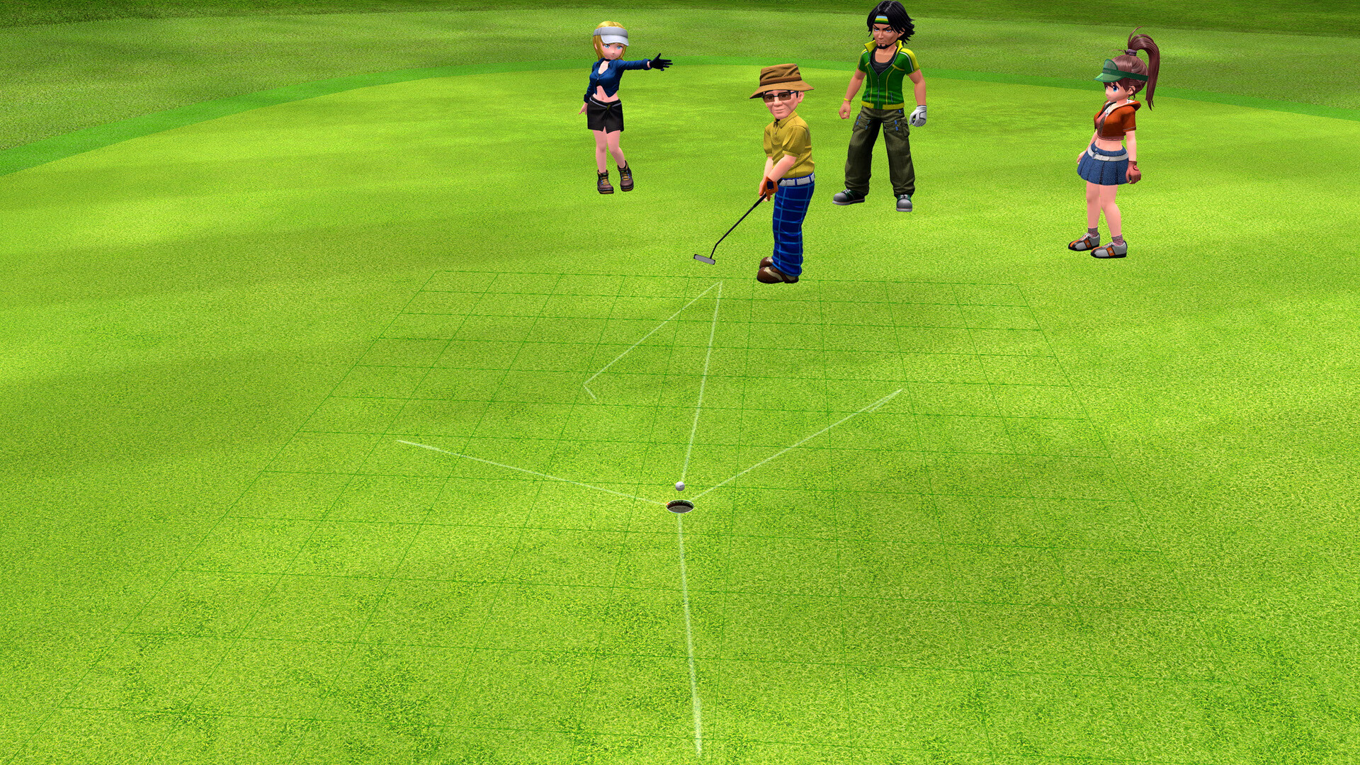 Golfszene: Ein Mann puttet auf dem Grün, andere schauen zu. Gitter und Loch sind sichtbar. Fokus auf Aktion, Farben und Kontext.